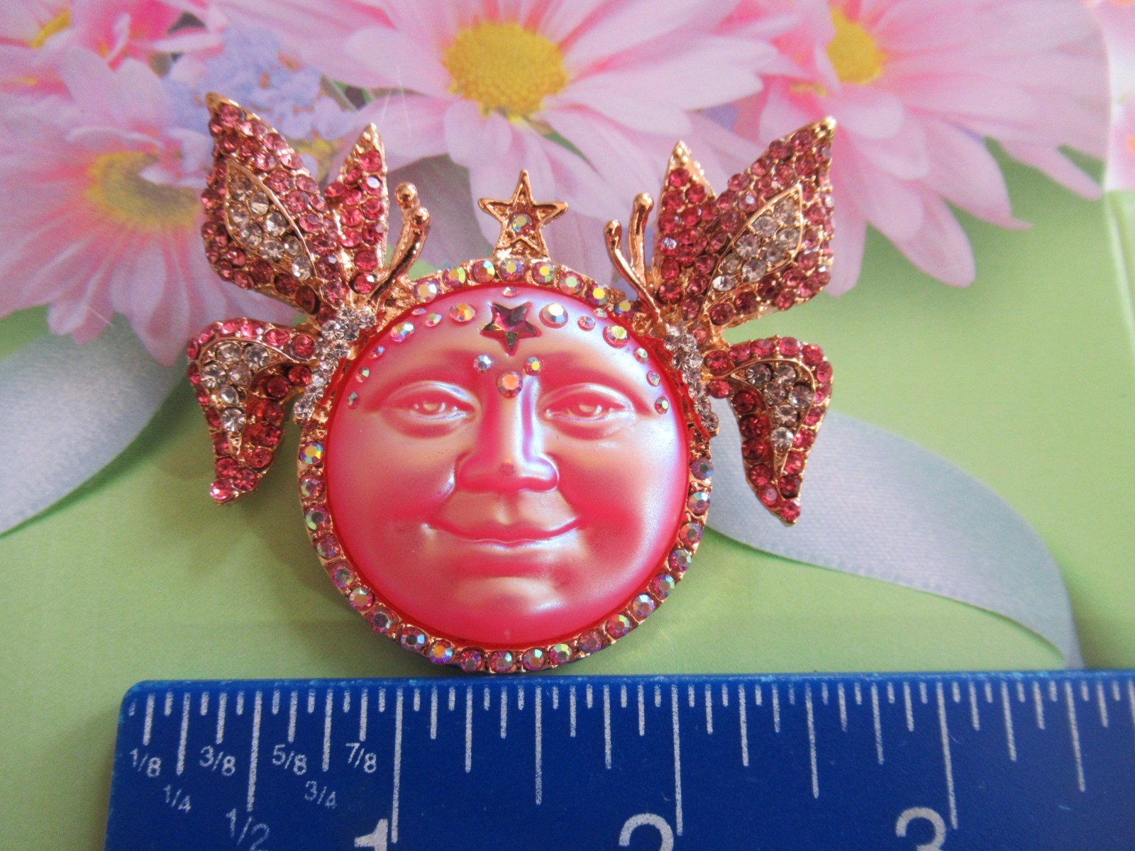 DESIGNER STYLE PINK MOON FACE WITH/BUTTERFLIES RHINESTONE BROOCH PIN-LIMITED