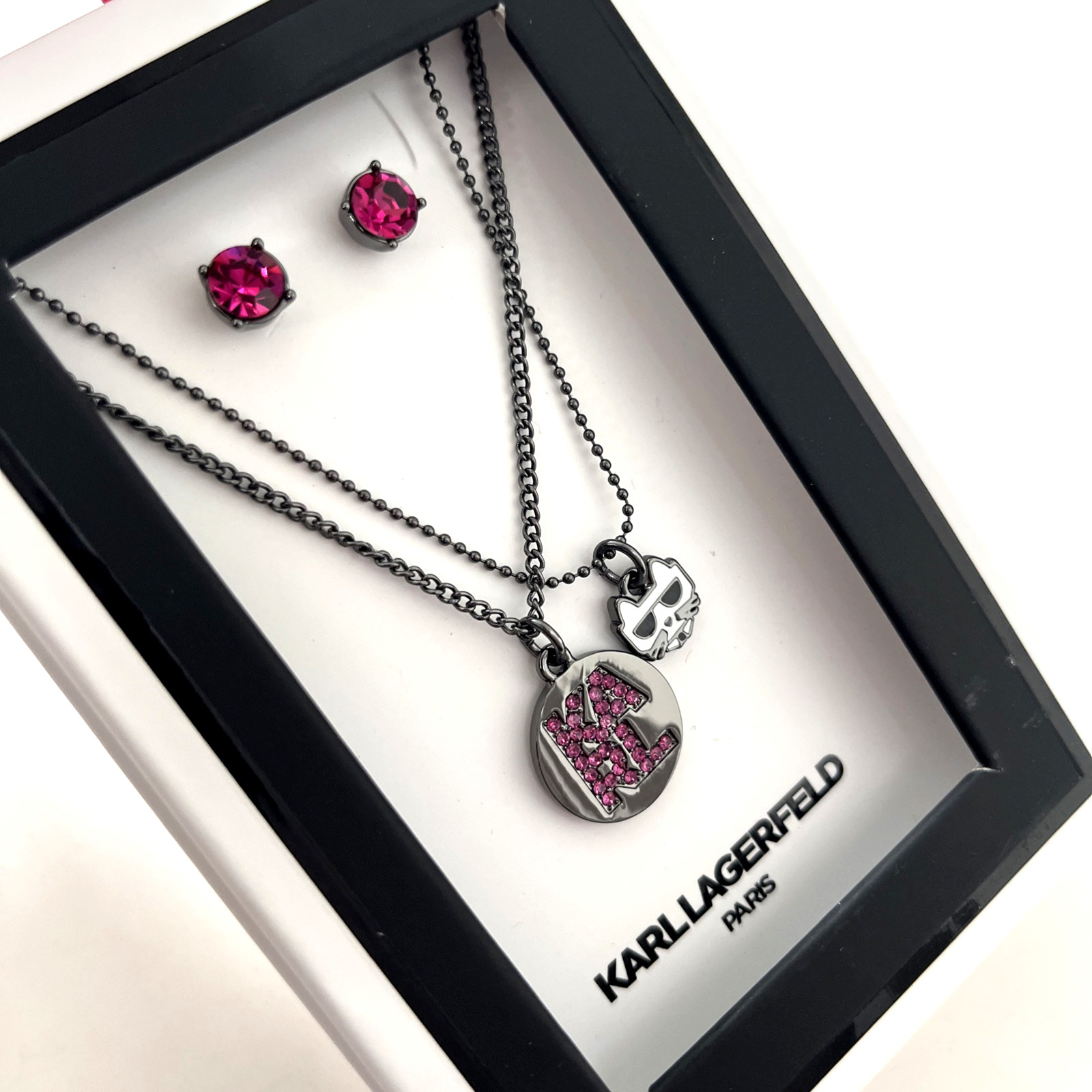 New in Box 2pc KARL LAGERFELD Pavé Logo Layered Pendant Necklace & Stud Earrings
