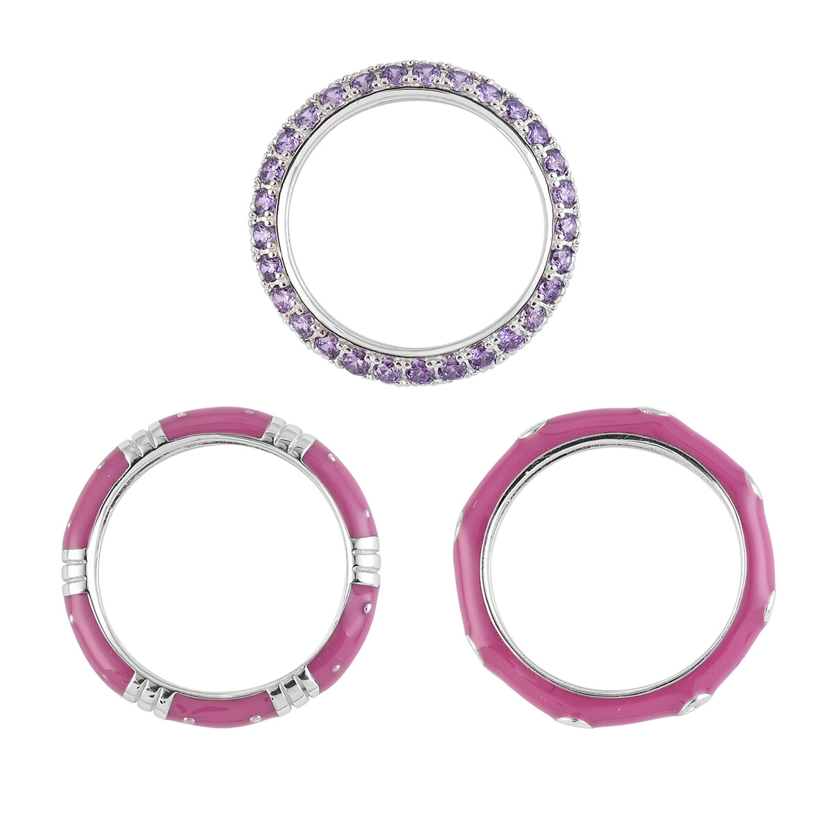 Set of 3 CZ and Lilac Enameled Band Ring Rhodium Plated 7.80ctw Size 5