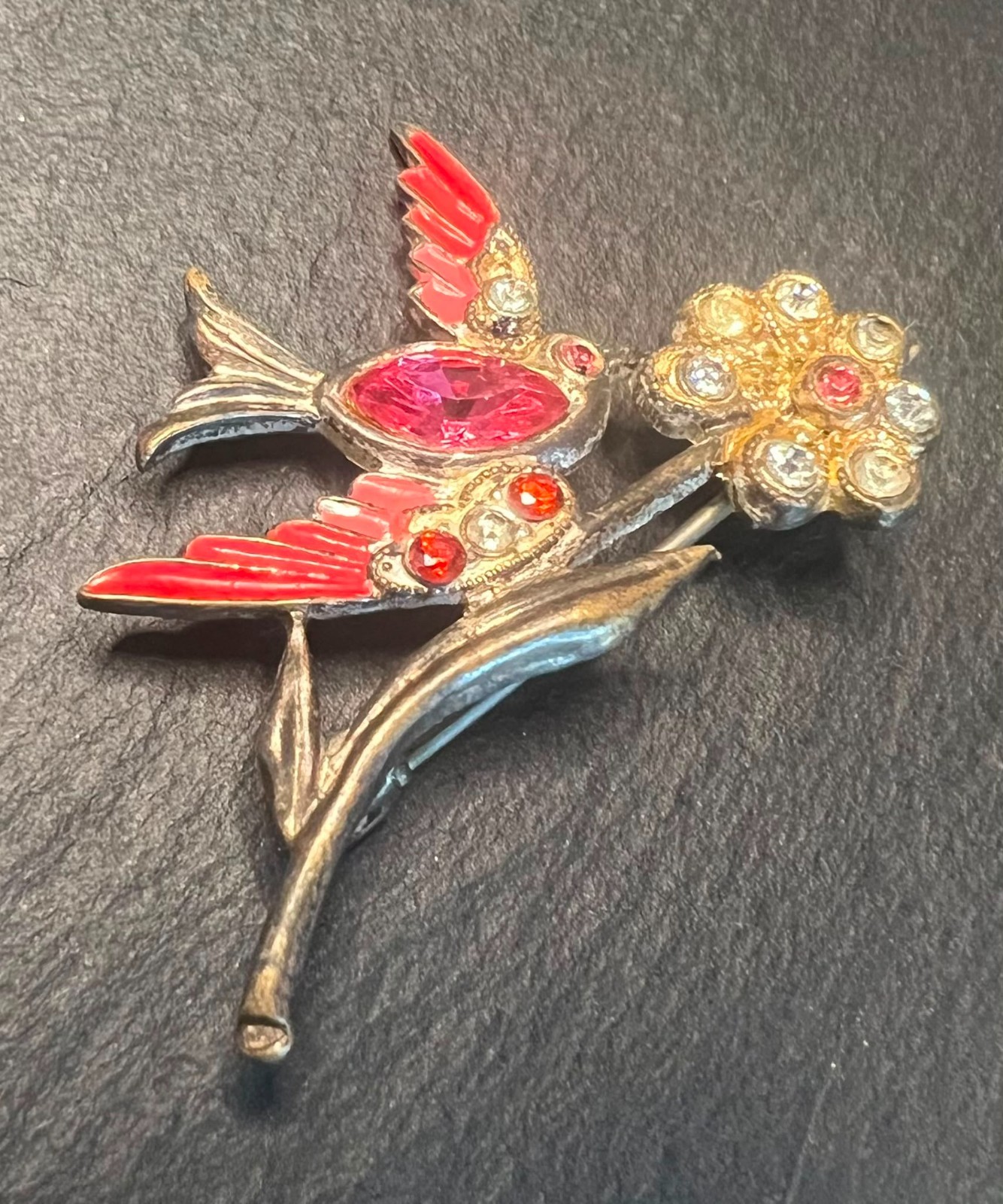 Vintage Red Enamel Bird Brooch Pink Rhinestone Floral Spray Gold Tone Retro Pin