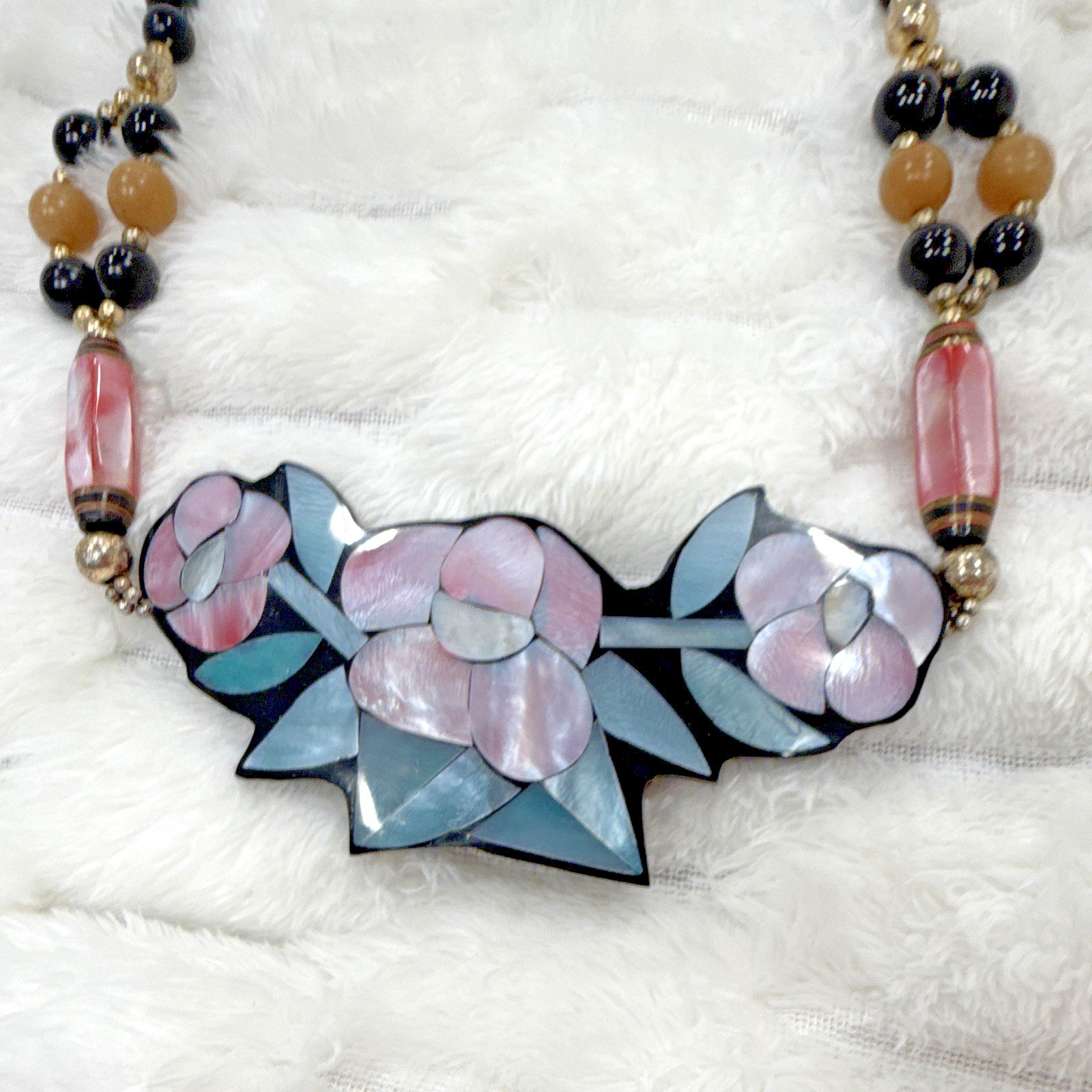 Vintage Lee Sands Black/Pink Flowers, Beaded Ball Chain Necklace