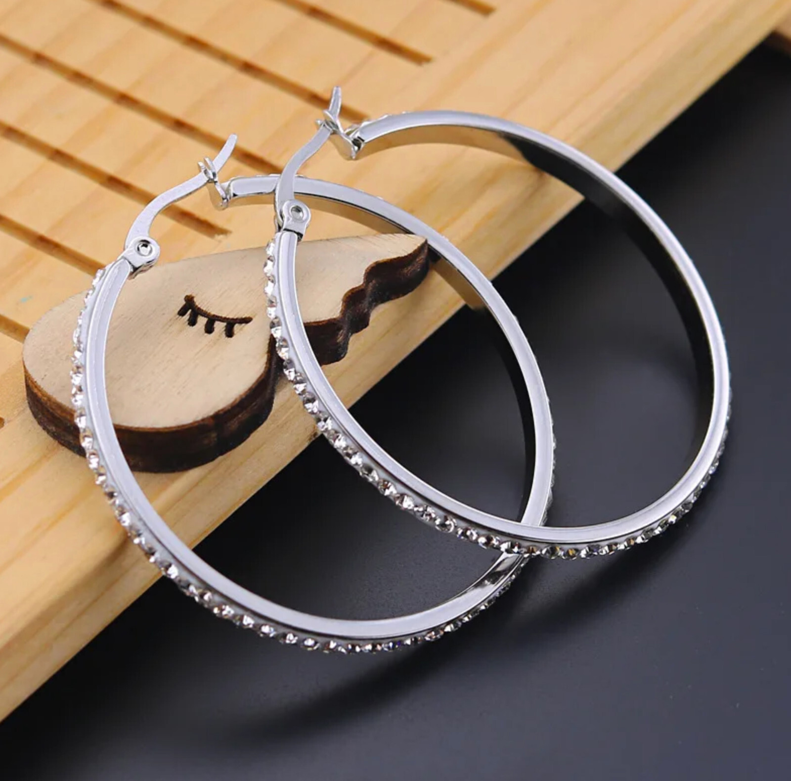 Stainless Steel Silver-Tone White Crystals Classic Hoop Earrings 1.00in Diameter