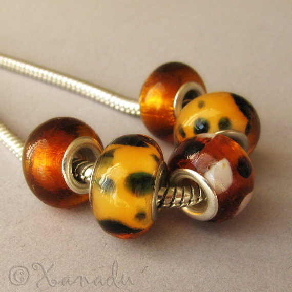 5PCs Golden Amber Brown Lampwork Glass Beads For European Style Charm Bracelets