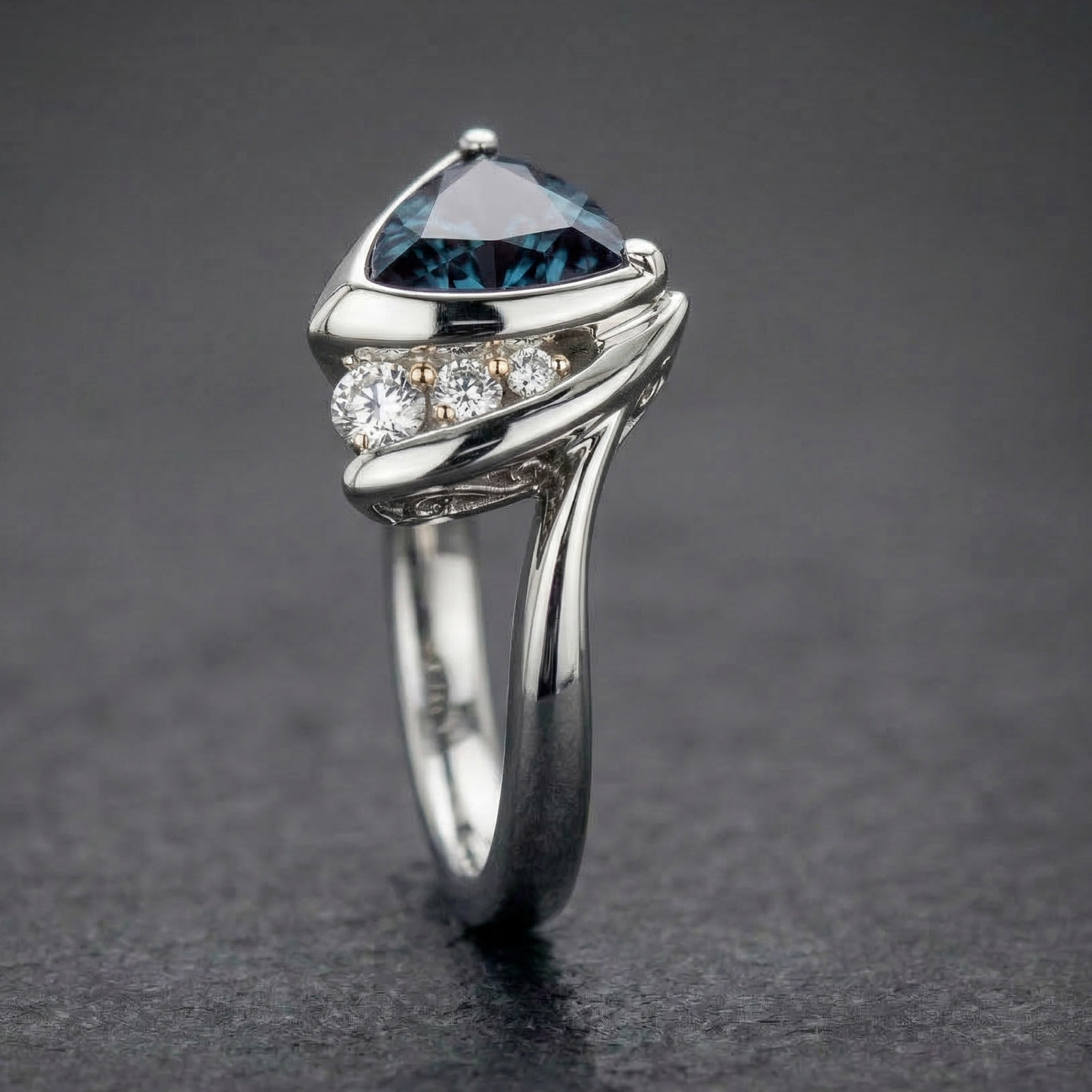 925 Sterling Silver Trillion Cut Alexandrite & CZ Accents Ring, June Birthstone