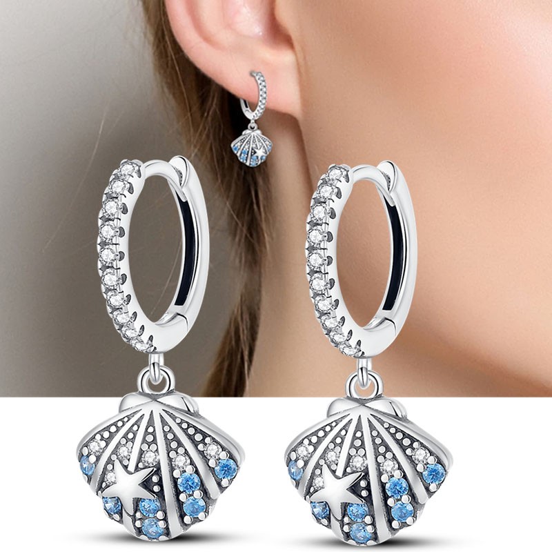 PANDACH 925 Sterling Silver CZ Accents Ocean Shell Drop Hoop Earrings For Women