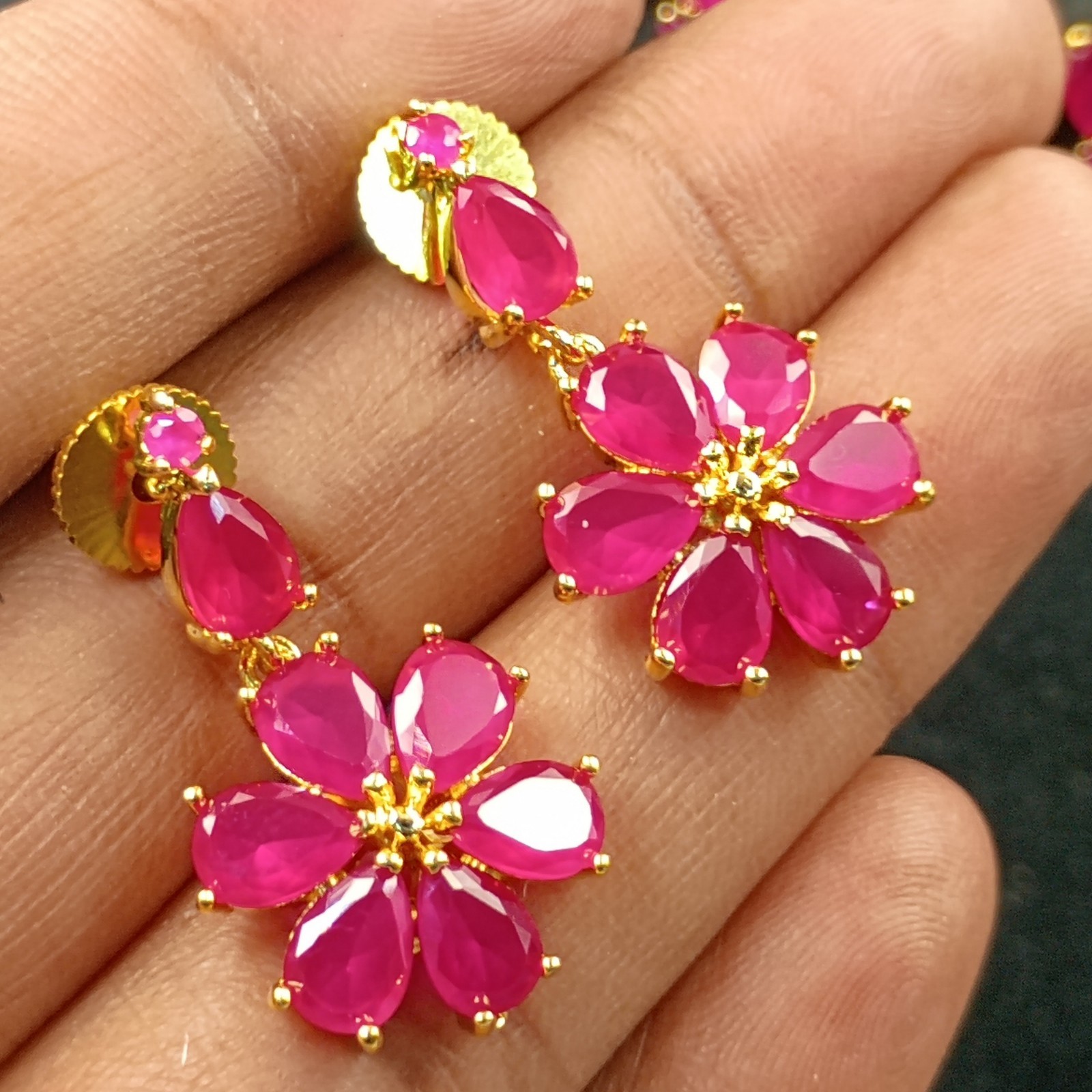 Vintage Ruby Necklace Set 22K Gold Plated Boho Bridal Anniversary Birthstone Gif