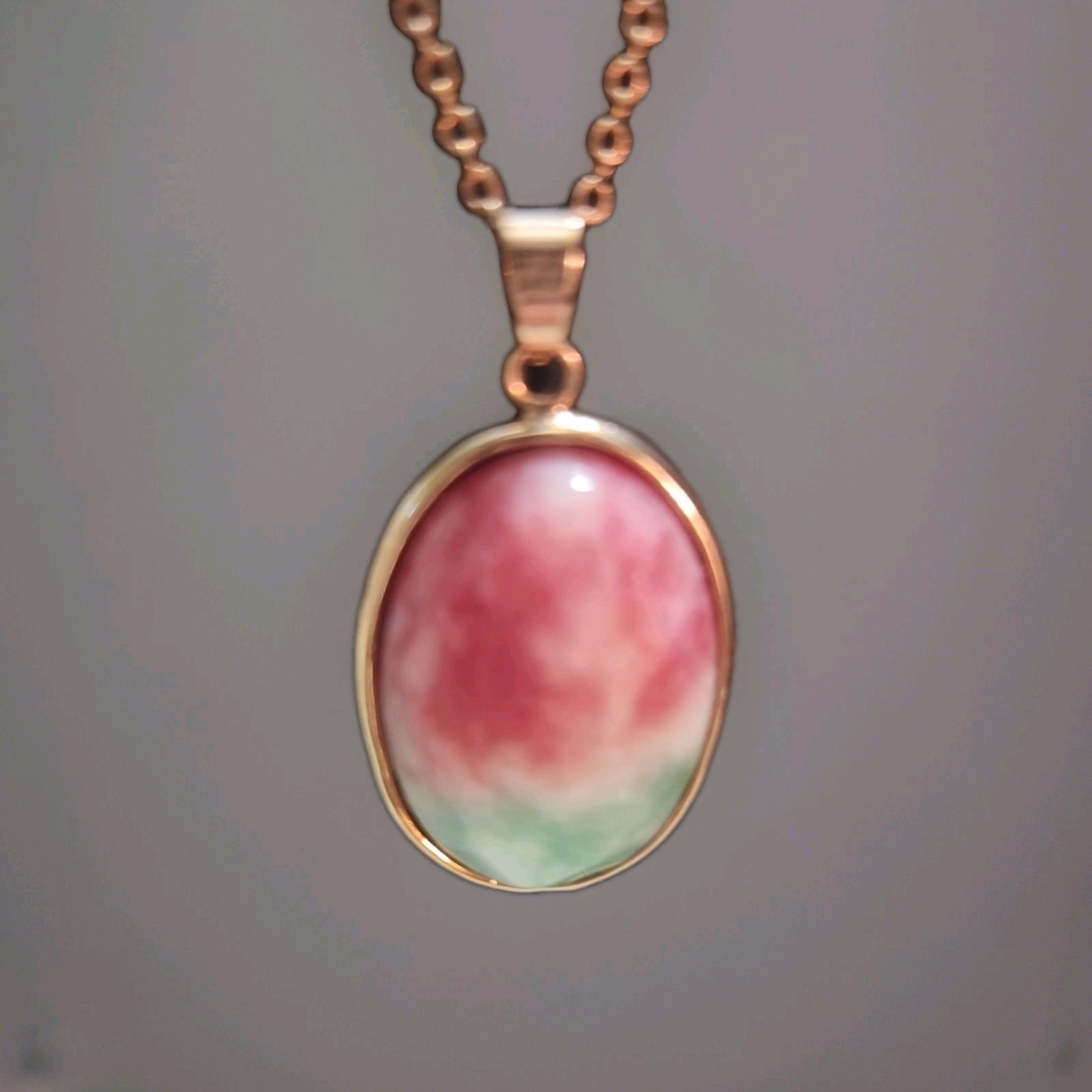 Necklace,earring Set pink and green stone, pink opal set in a rose gold-toned