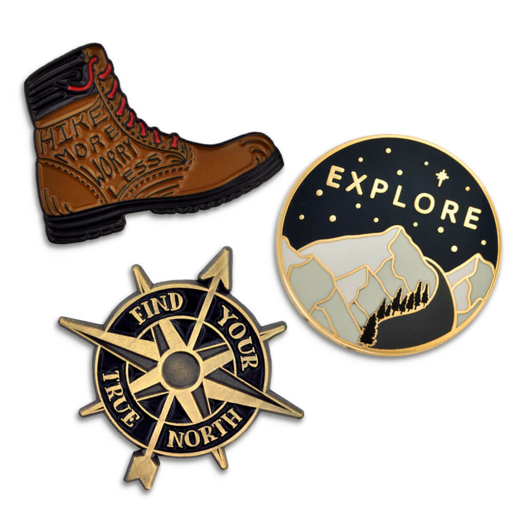 PinMart’s Hike More Worry Less Outdoor Nature Lover Hiking Boot Enamel Lapel Pin