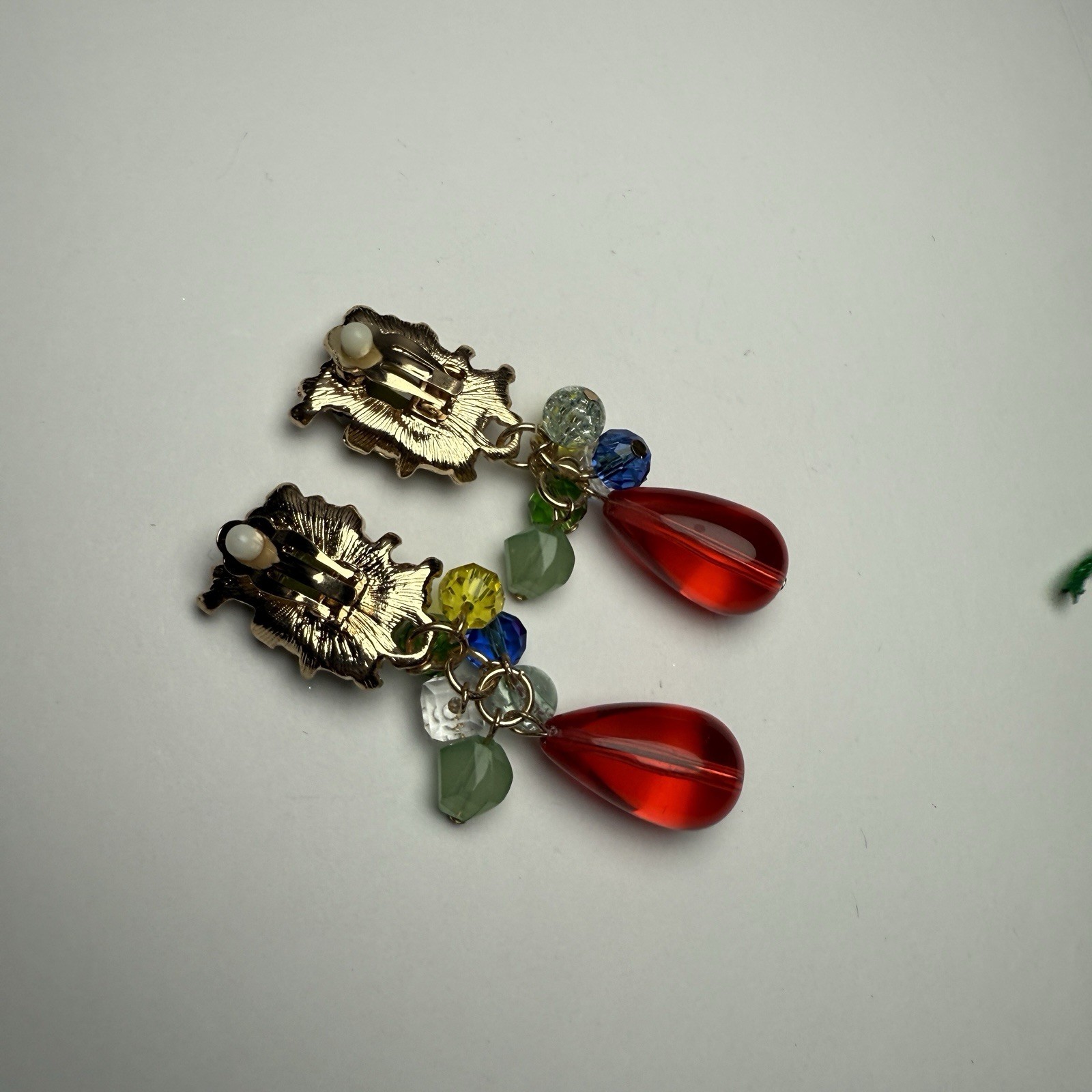 Beaded Dangle Drop Gold Tone Clip-on Earrings Red Green Blue Yellow Multi Color