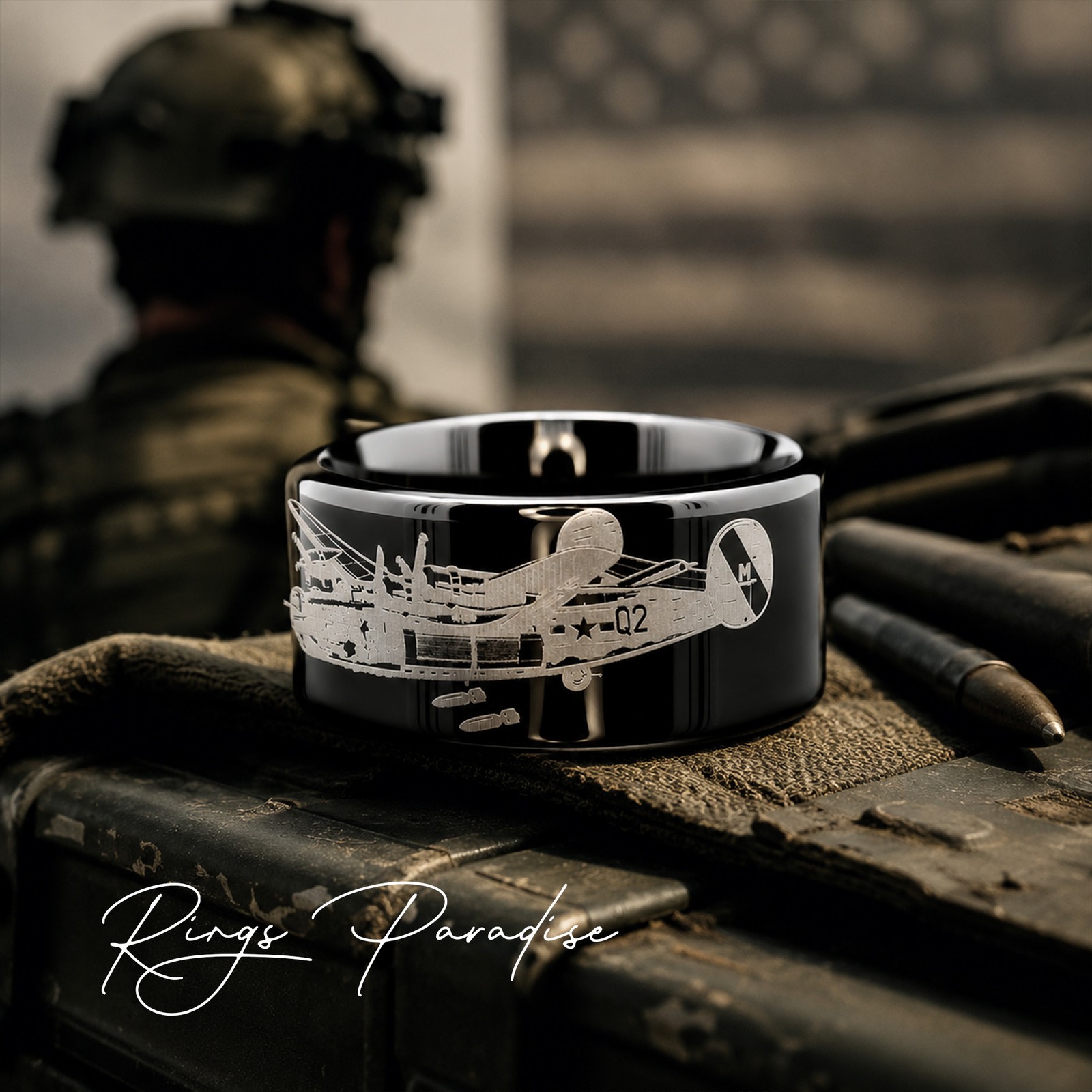 B-24 Airplane Tungsten Wedding Band with WWII Aviation Engraving – 8mm 10mm 12mm