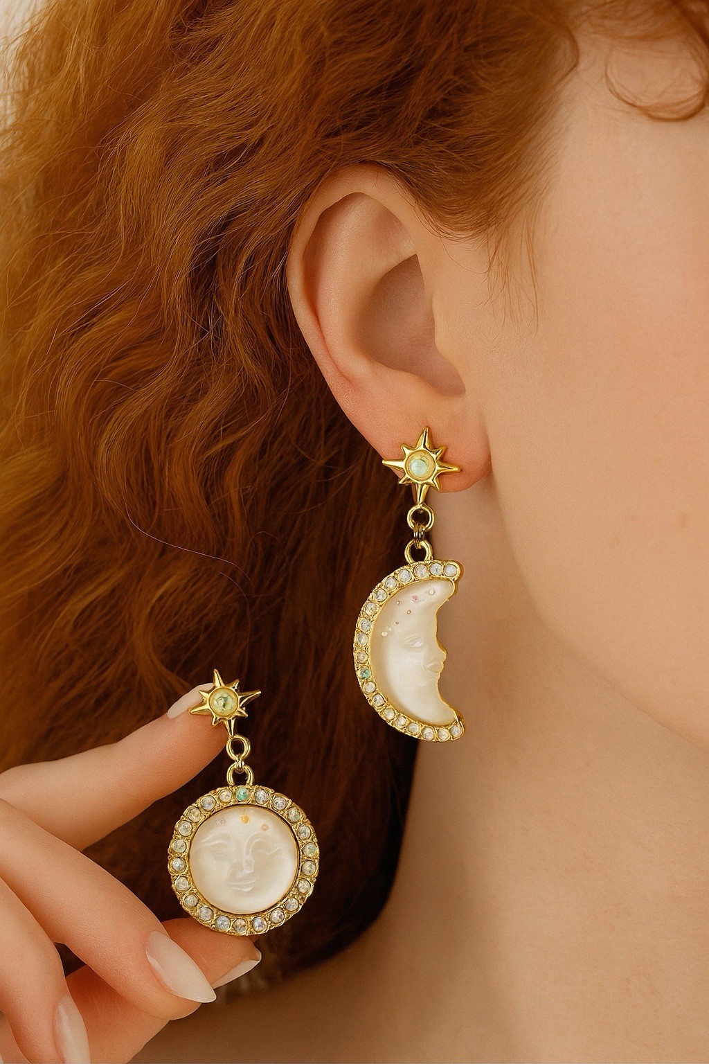 Sun Moon Star Earrings Face Mismatch Gold Deco Celestial Glass CZ Asymmetric