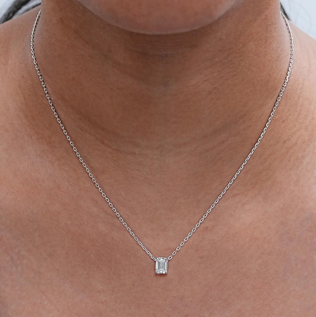 Lab Grown Diamond 1.00 Ct Emerald Cut EF VS Solitaire Necklace in 14K White Gold