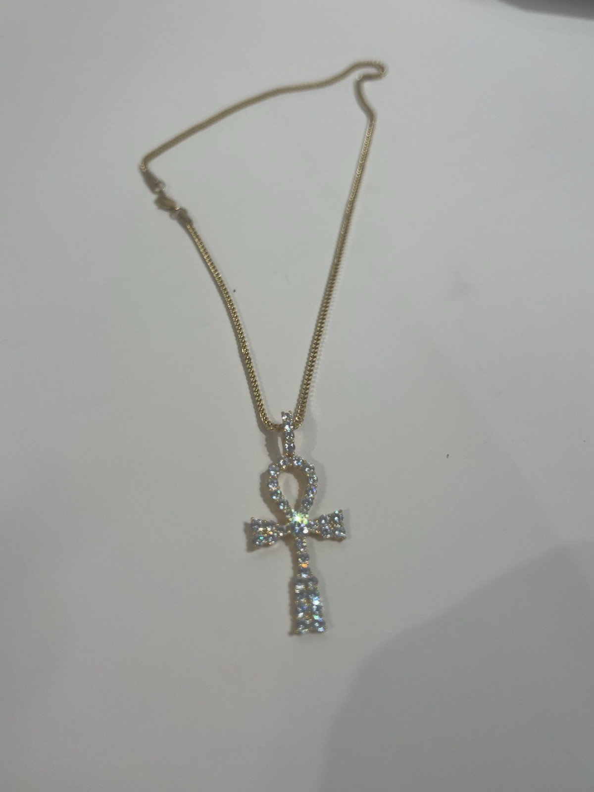 Gold Plate CZ Ankh Cross Pendant Necklace, Egyptian Cross Cubic Zirconia