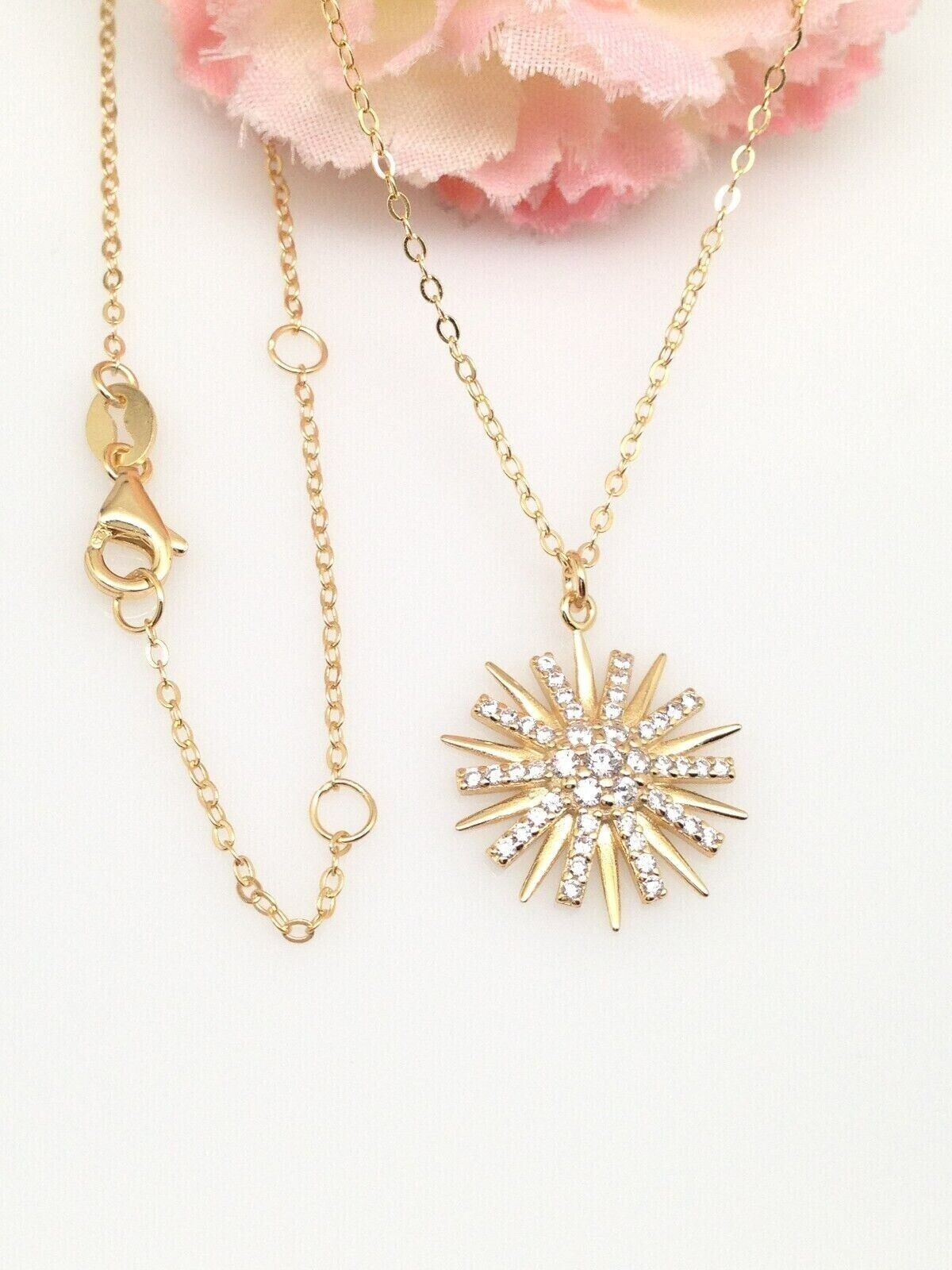 925 Sterling Silver CZ Gold Sunburst Sun Pendant Necklace Women 15mm 16-18″ Tiny