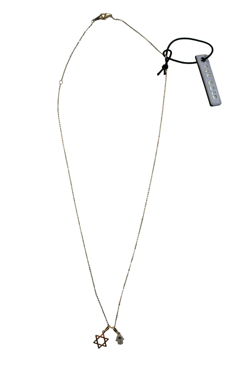 New 14K YELLOW GOLD STAR OF DAVID & HAMSA with CZ Stones Pendant Necklace