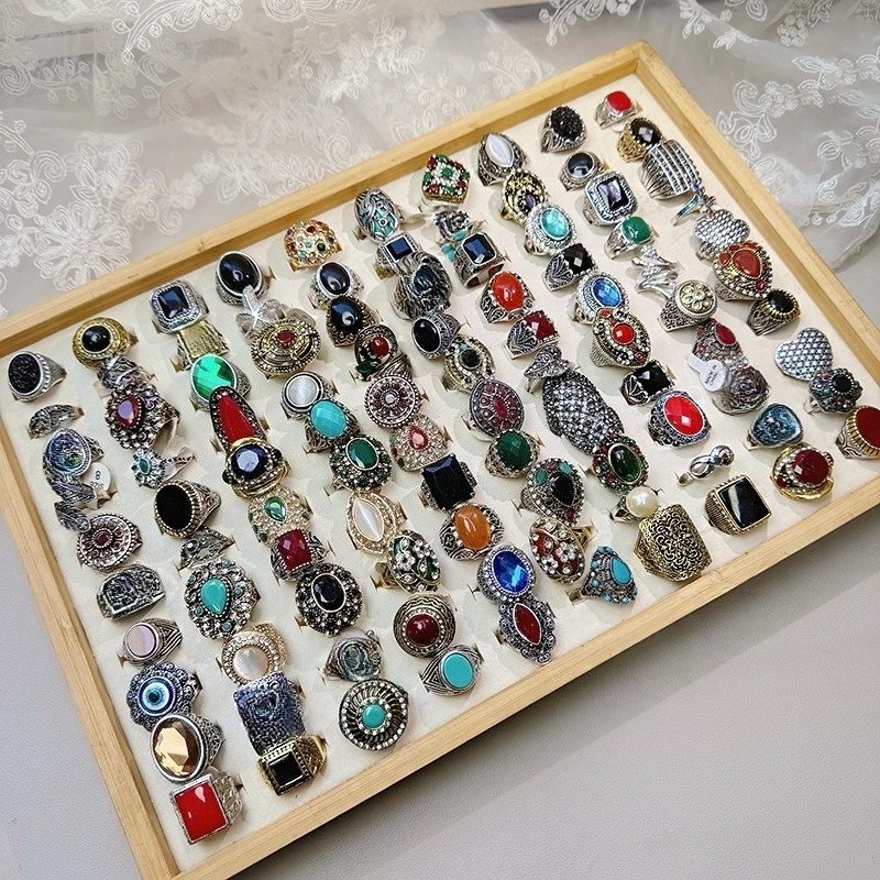 50pcsMixed Vintage Boho Rings Retro Ethnic Statement Colorful Rhinestone Jewelry