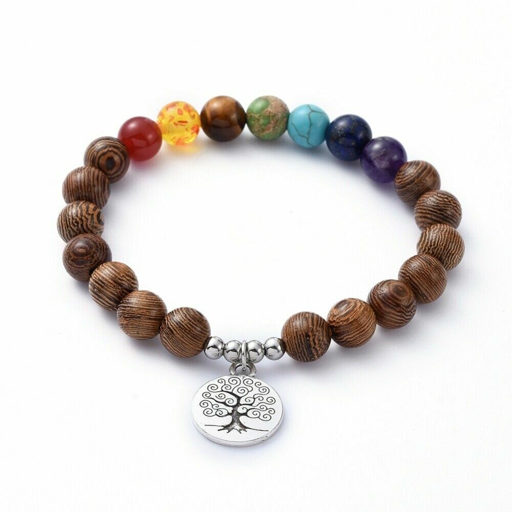 Chakra Jewellery, Stretch Charm Bracelets, Gemstone, Wood, Alloy. – 1 5 10