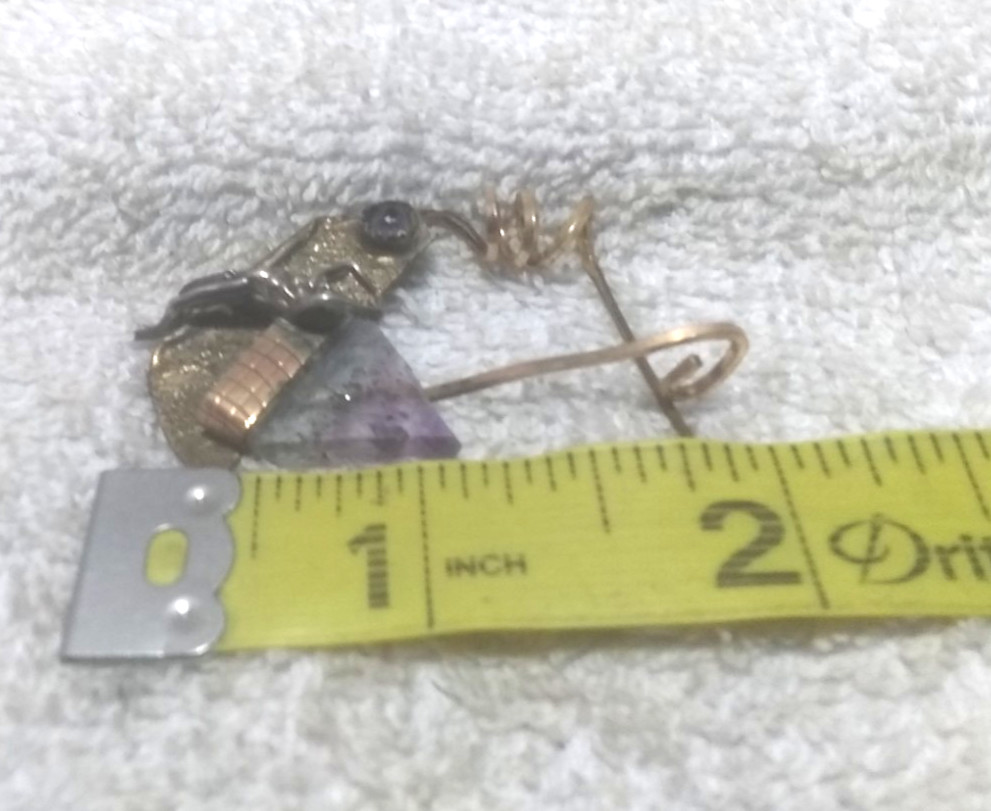 Hand Made Pin Broch Metal Glass Stone Brass Person Standing Arms Up Rare Find