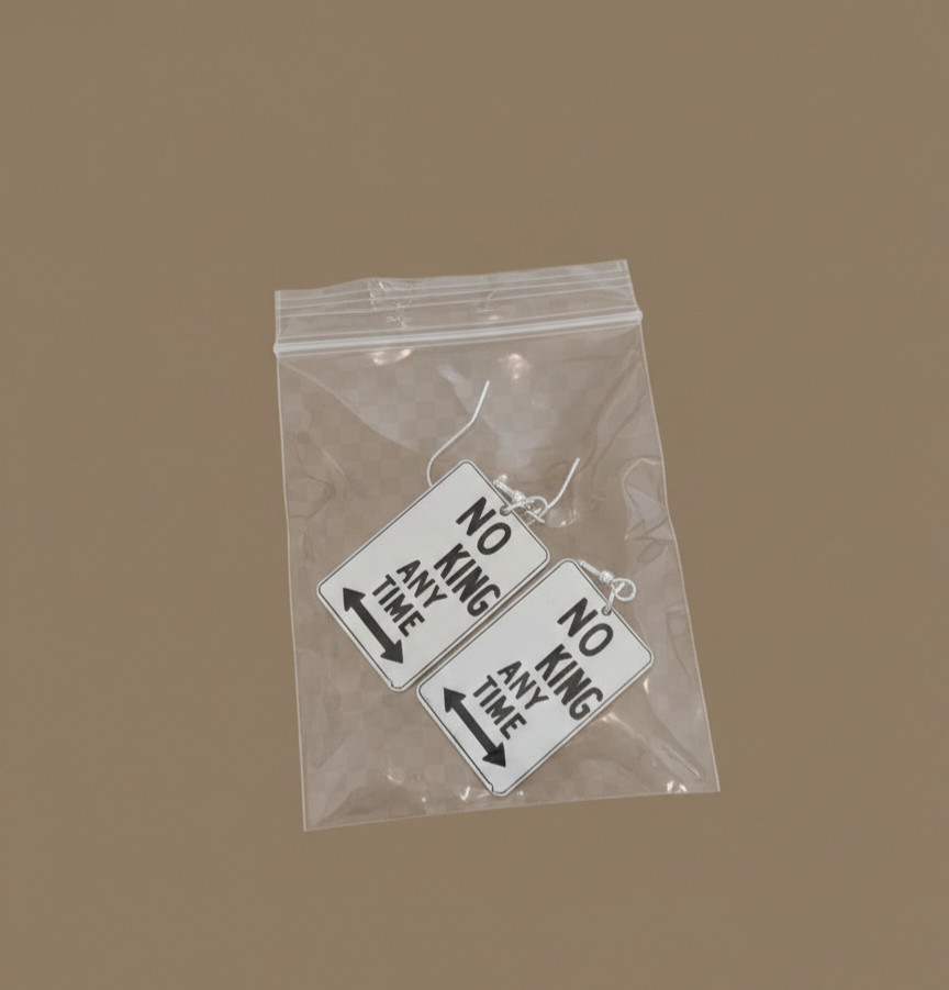 “No Kings” Protest Sign style Earrings, laser cut from painted wood.