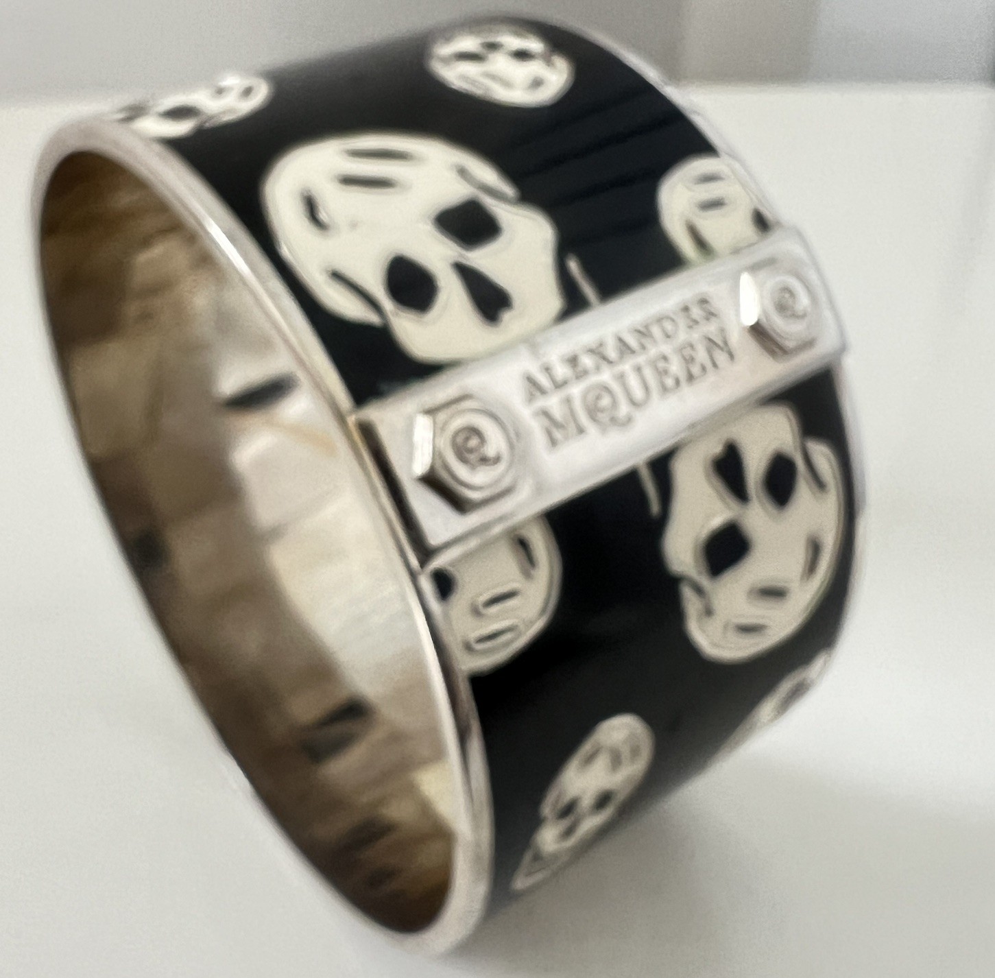Alexander McQueen Skull Logo Icon Black White Enamel Silver Cuff Bracelet