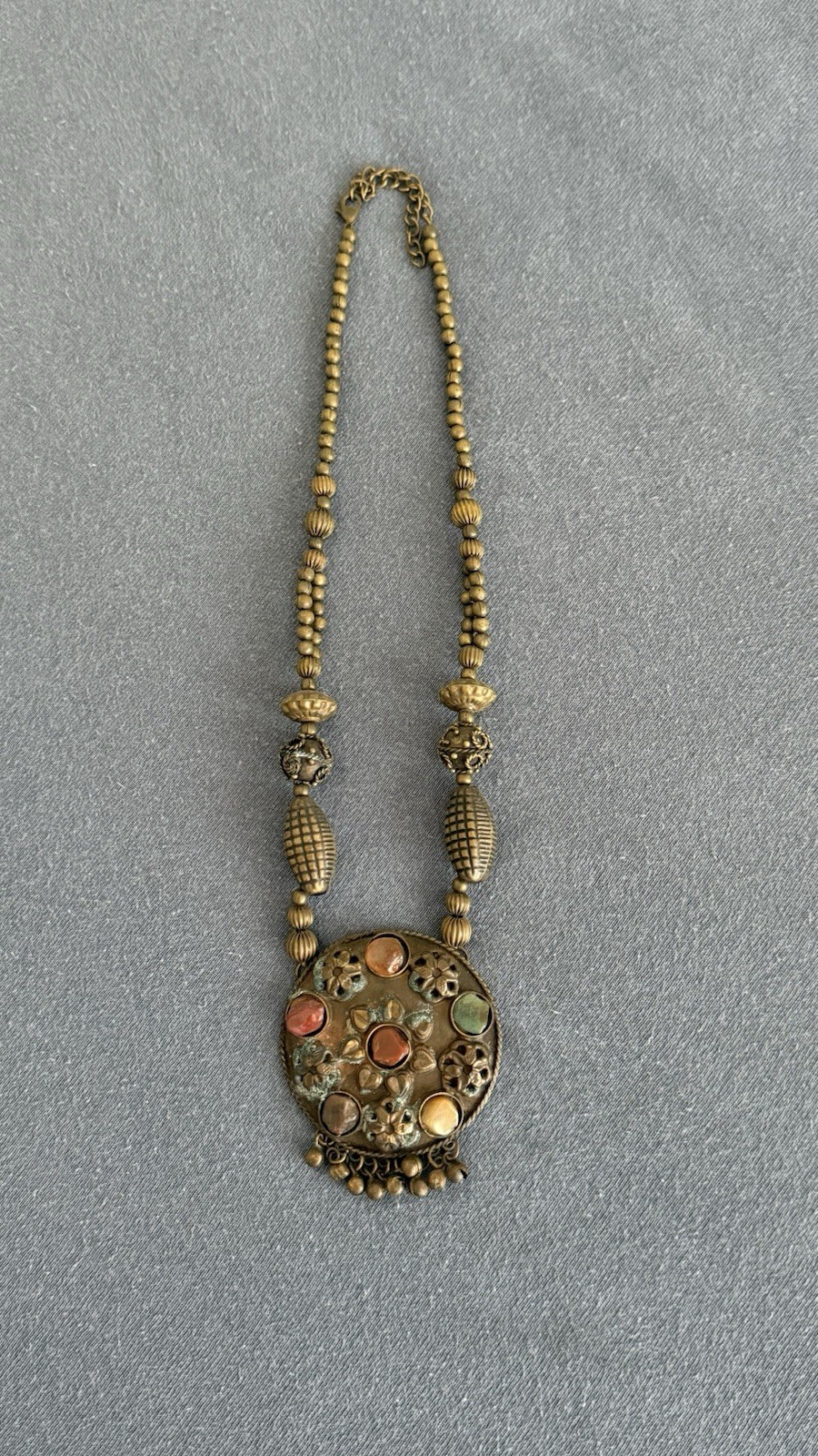 Gold Tone Boho Beaded Ball Chain Necklace Round Medallion Bezel Multicolor