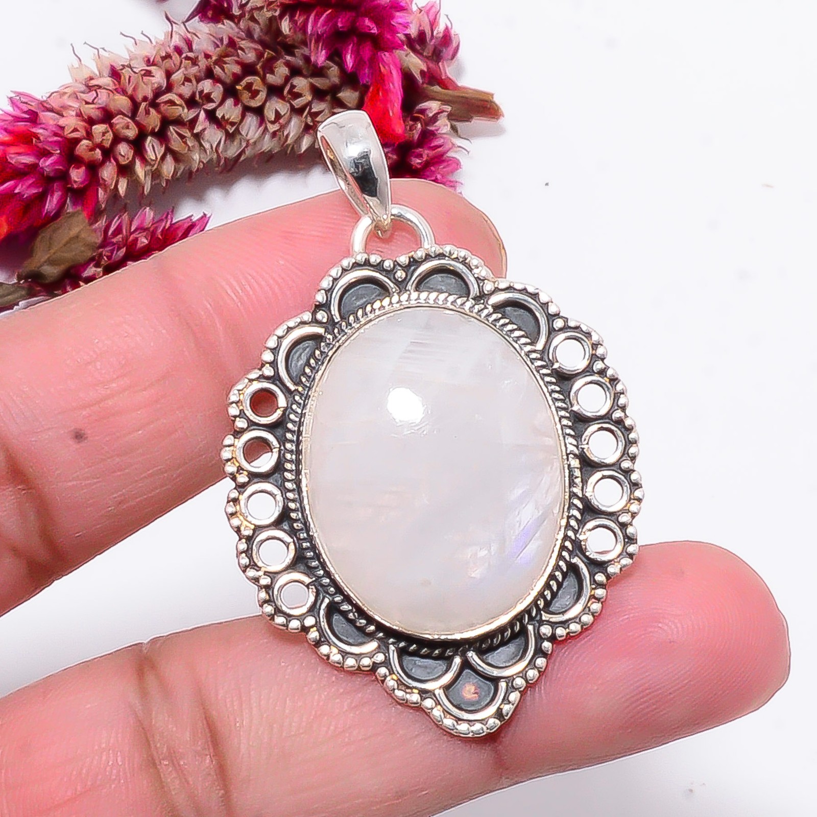 Rainbow Moonstone – India Gemstone 925 Sterling Silver Bali Pendant 1.83″ Sku47