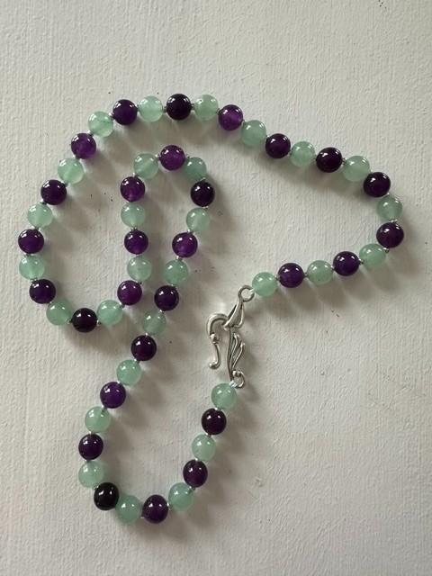 Natural Green Aventurine Purple Amethyst 8 mm Gemstone Beads 20″ Necklace.