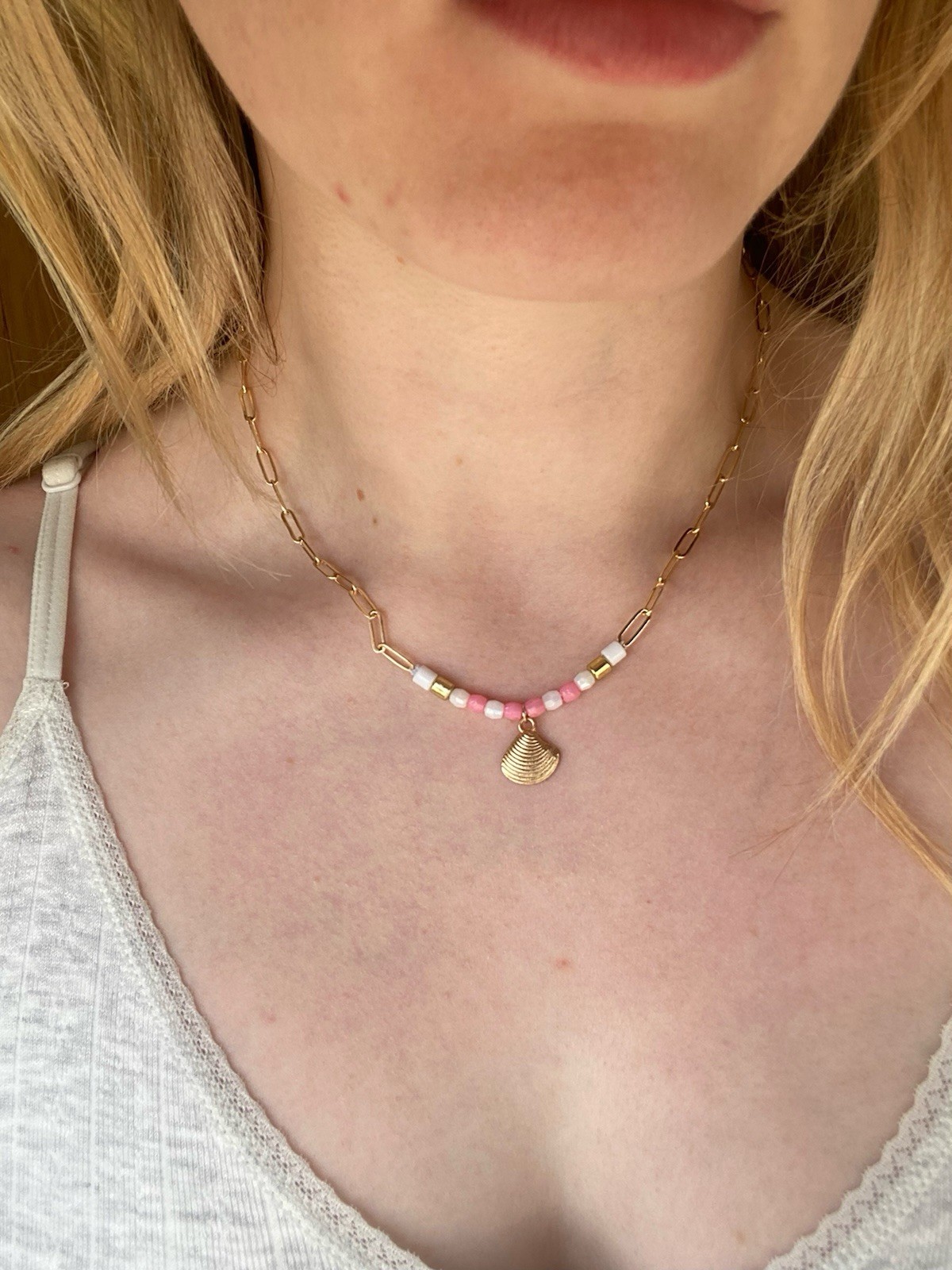 Gold Plated Handmade Shell Necklace Pink and White Beads