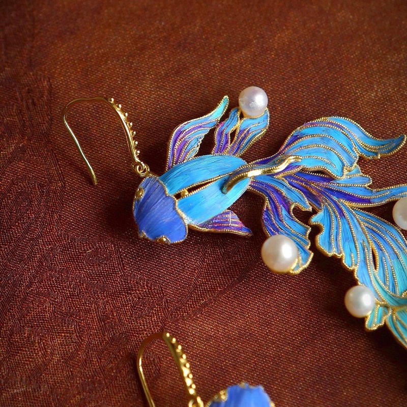 Enamel Imitation Kingfisher Koi Fish Earrings Pearl Chinese Style Jewelry
