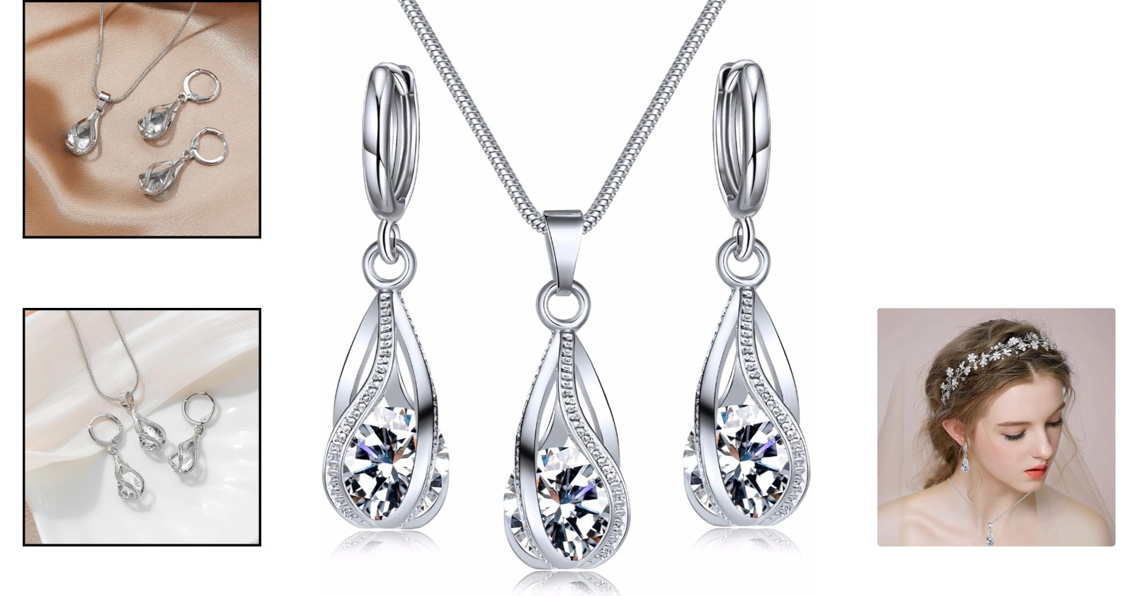 Elegant Silver Jewelry Set with CZ Pendant Necklace & Earrings for All Occasions