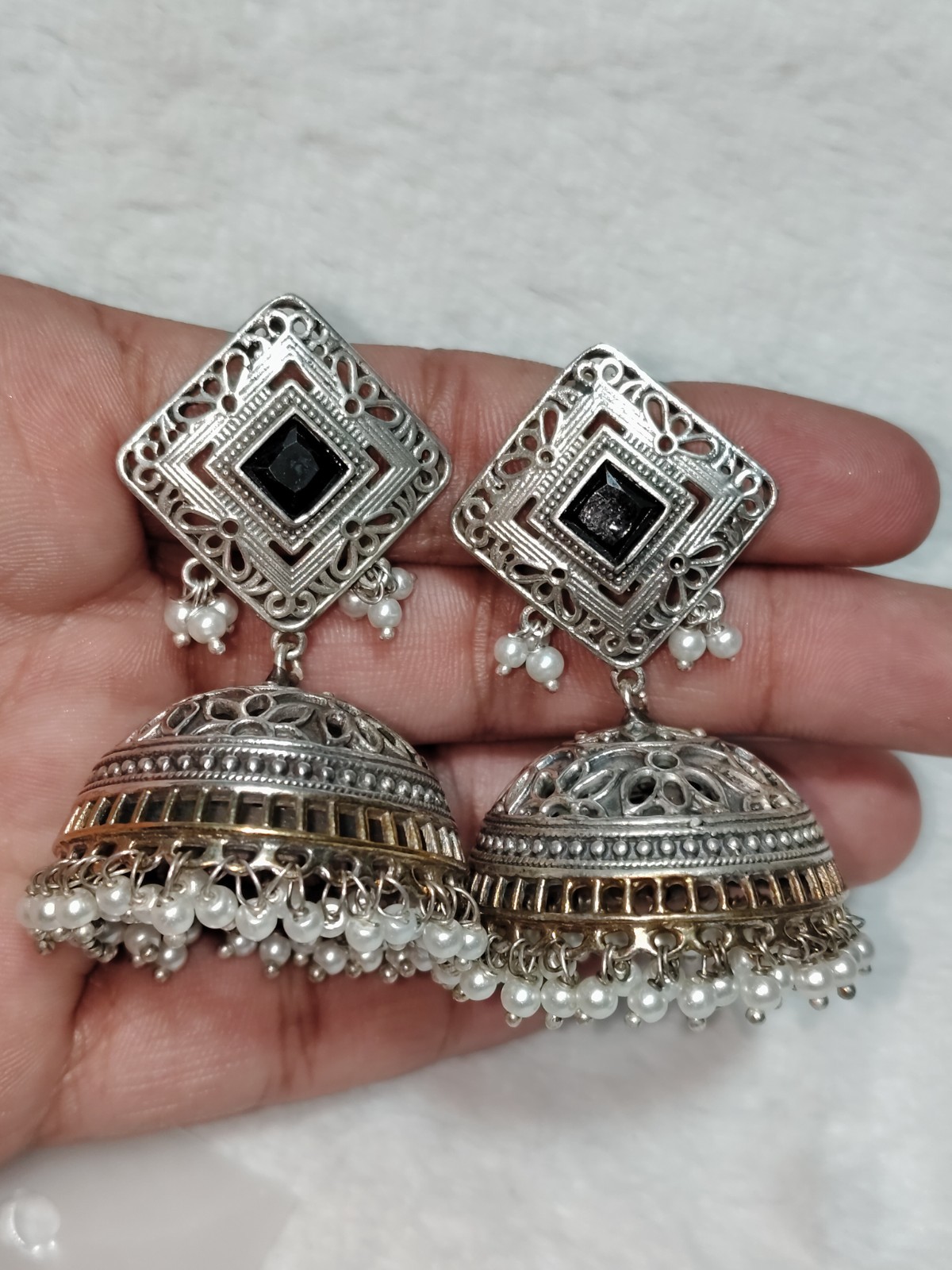 Zubi Handcrafted Silver Jhumka Earrings with Black Square Pearl Roz Jeweller.