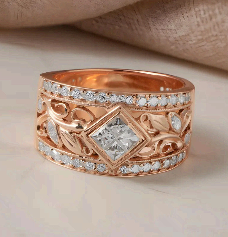 Surgical Steel Rose Gold Ring Princess Cut CZ Filigree Statement Band
