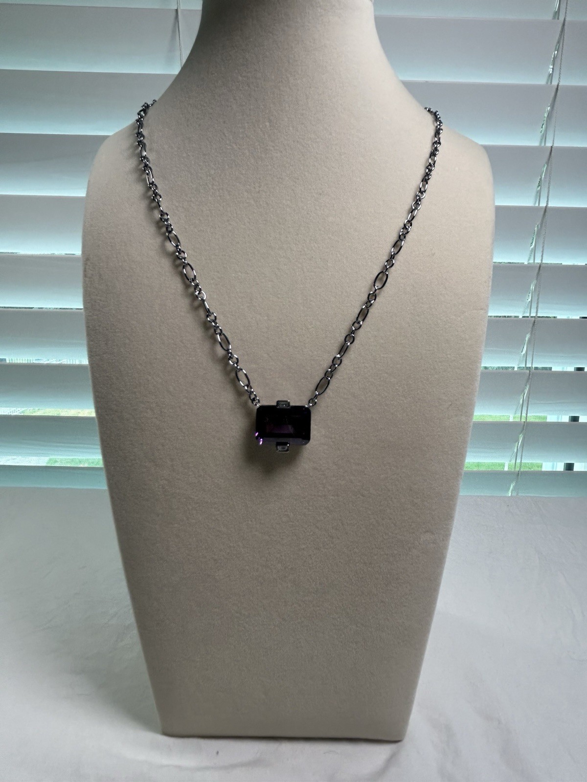 Hematite Plated Oval Link Chain Necklace LC Amethyst Pendant Adjustable