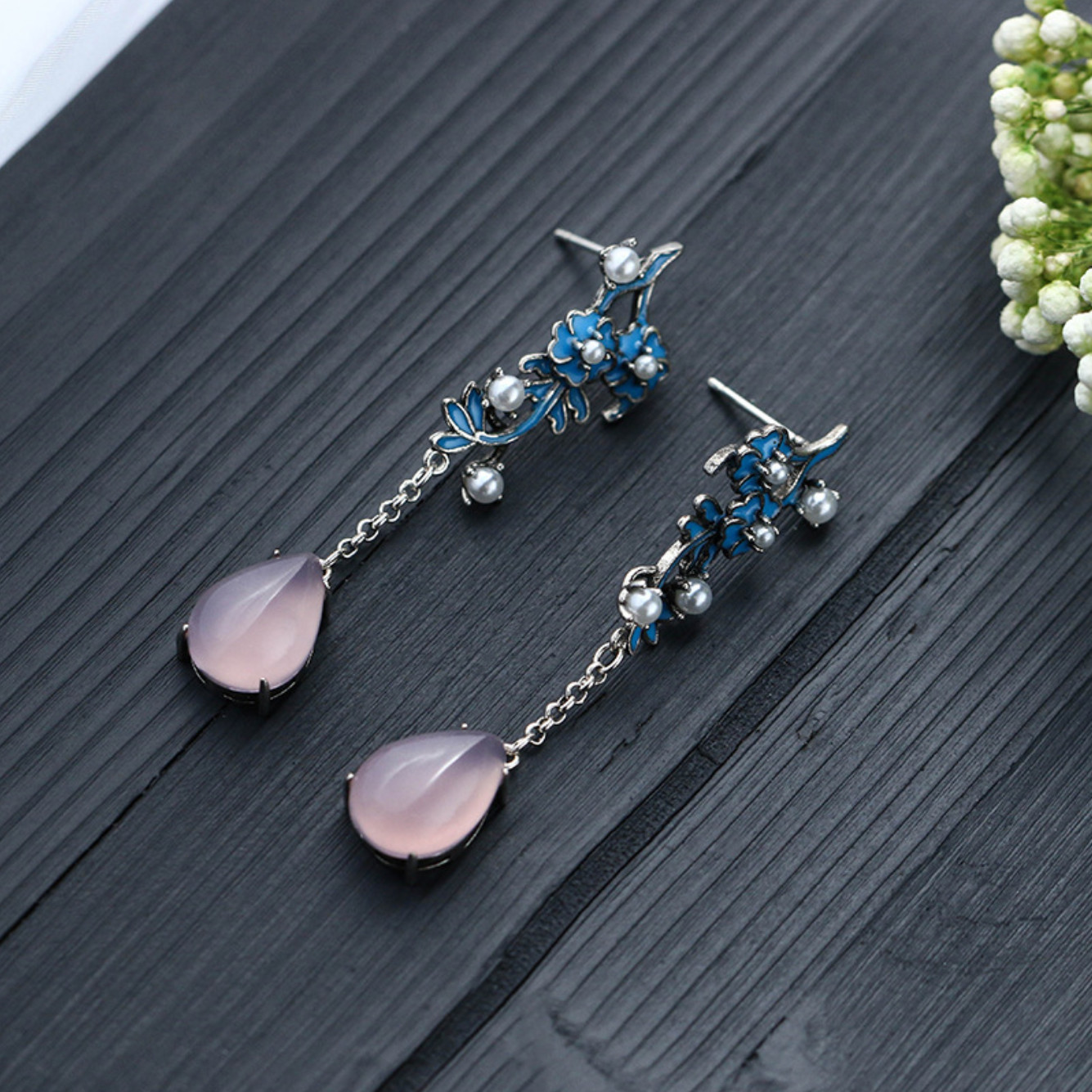 Jade Bohemian Retro Flowers Earrings Drop Dangle 18K White Gold Plated Gemstone