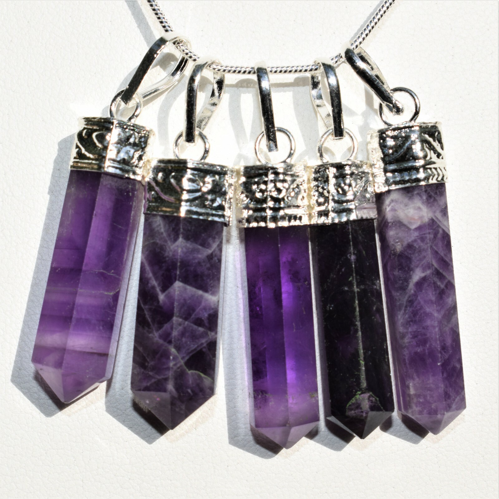 Himalayan Amethyst Crystal Point Pendant + 20″ Stainless Steel Chain & Charger