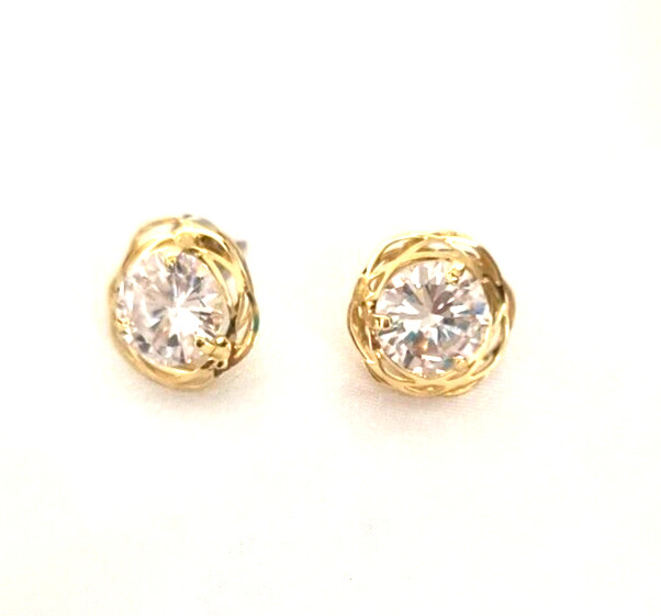 Women’s Earrings Pierced Ears Clear Crystal Gold Tone Button Style Scalloped