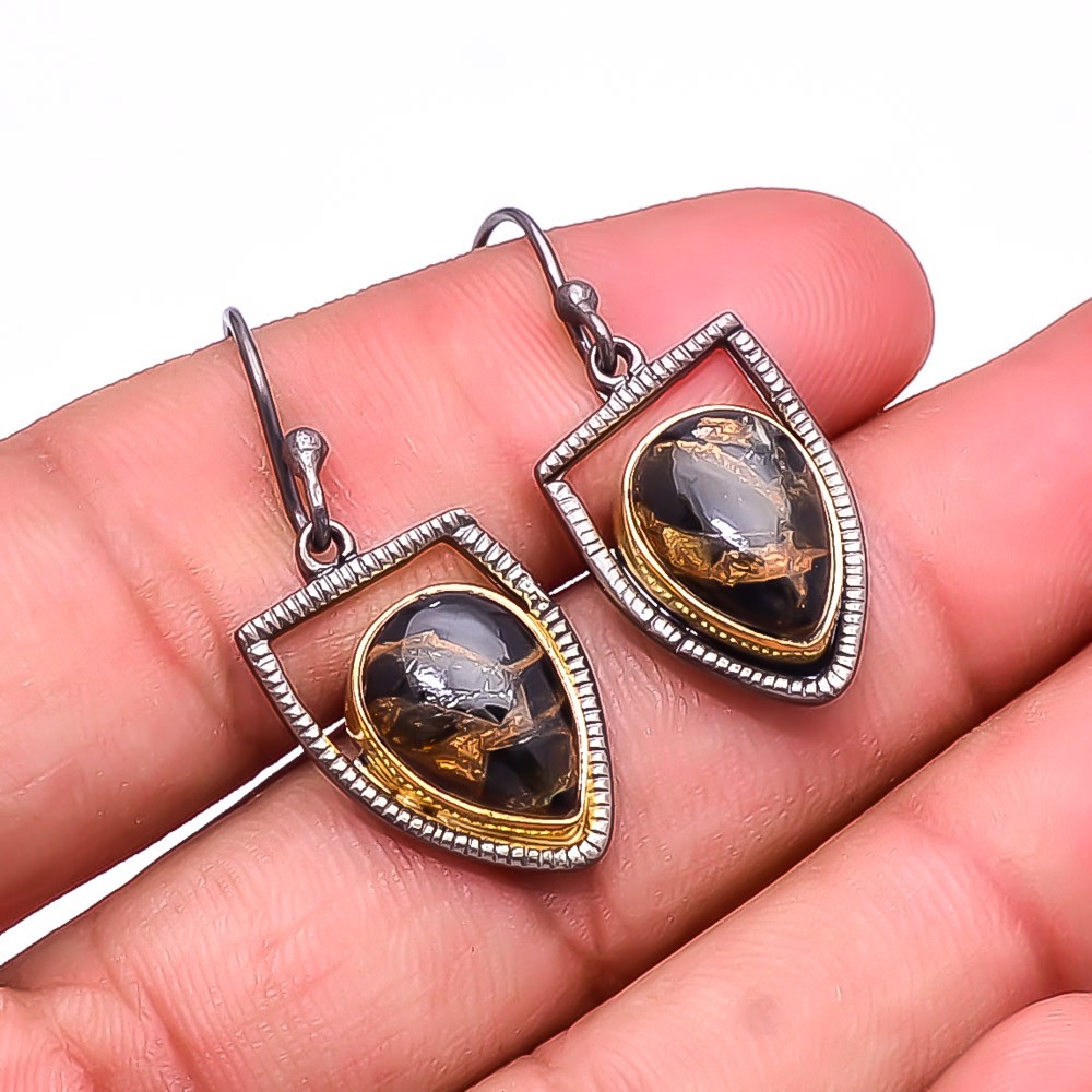 Copper Black Obsidian Designer 925 Sterling Silver Handmade Earring 1.56″ E24
