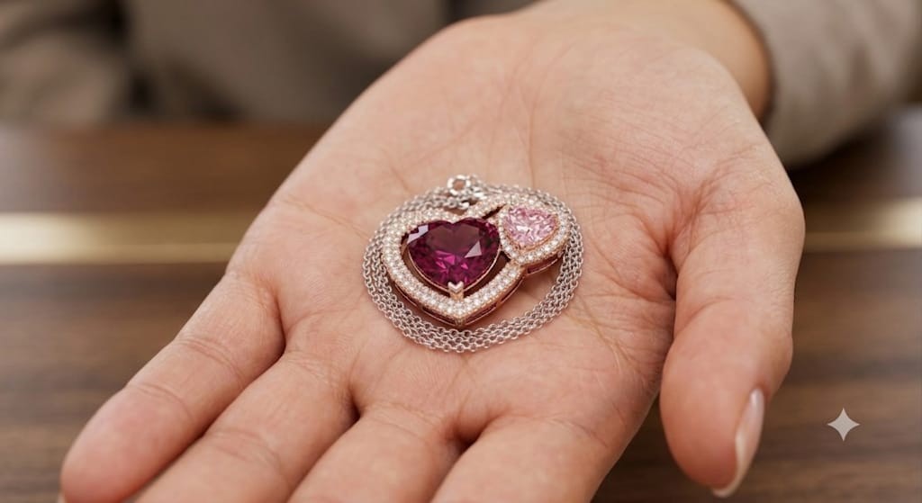 4ct Heart Cut Simulated Red Ruby/Diamond Halo Heart Pendant 14k Rose Gold Plated