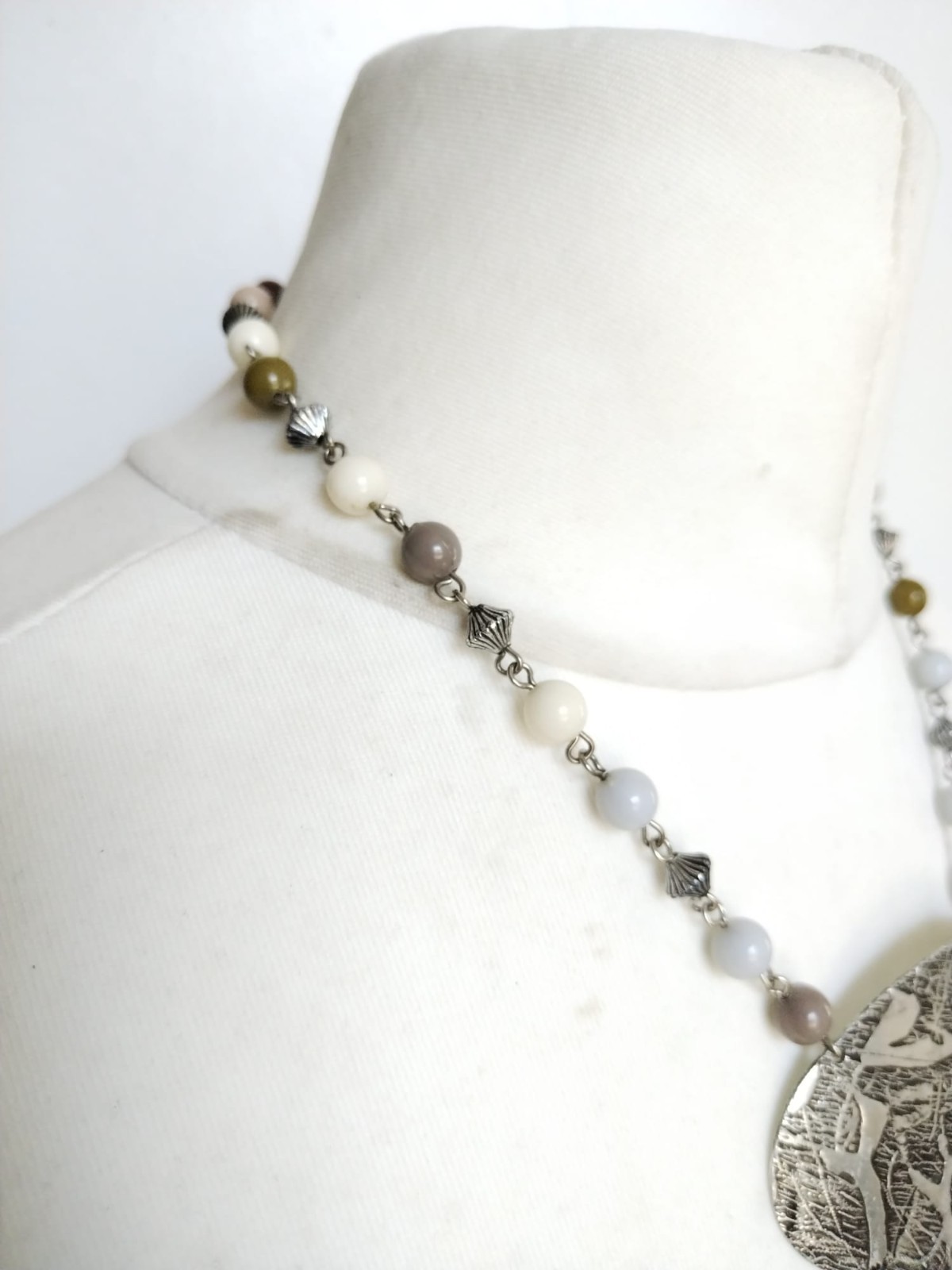 Ethnic Necklace Natural Colours ,hammered Oval Silver Toned Metal, Fringe Beads