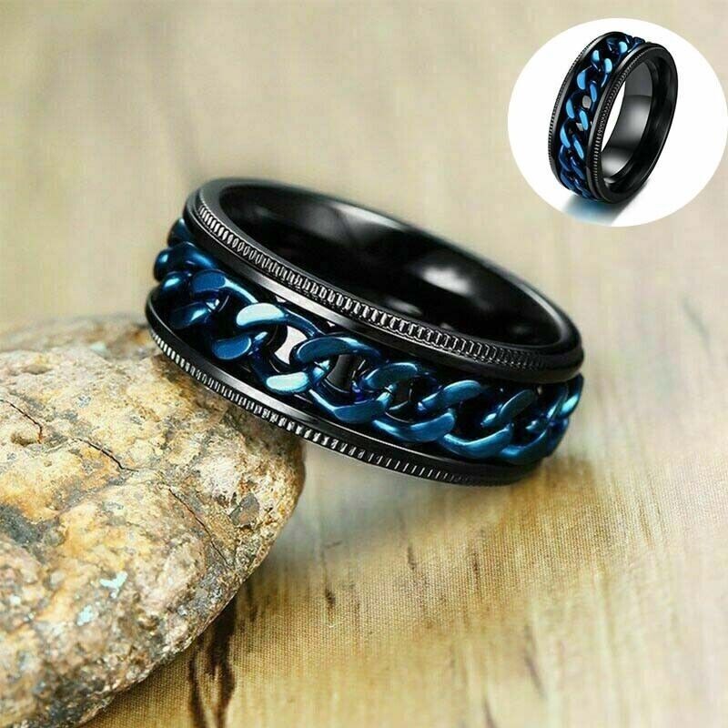 Blue Stainless Chain Size 45120 Black Band Steel Spinner Wedding Men’s Ring 8mm