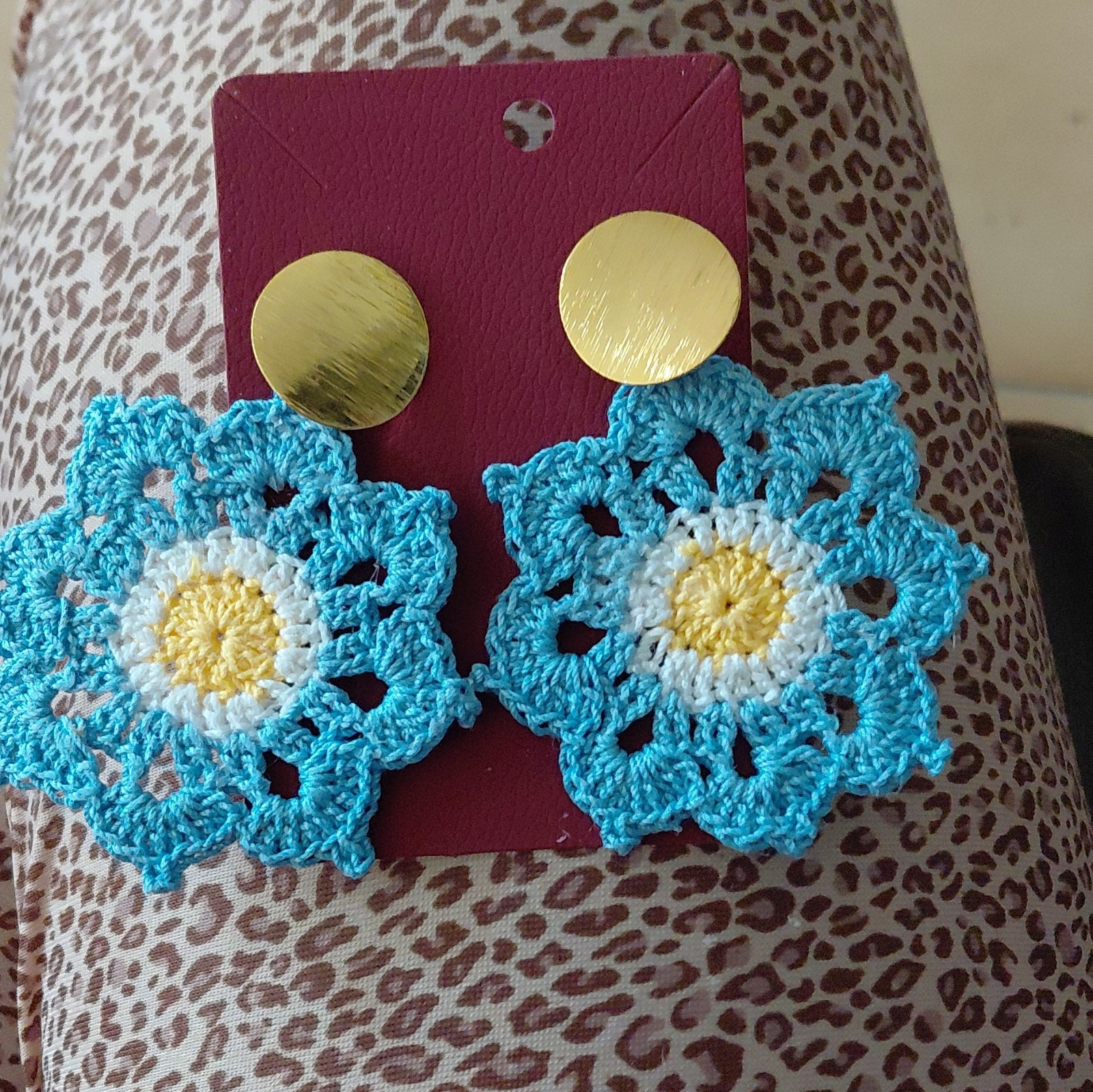 Handmade Crochet Cotton Flower Dangle/Drop Earrings Blue White Yellow Gold Stud
