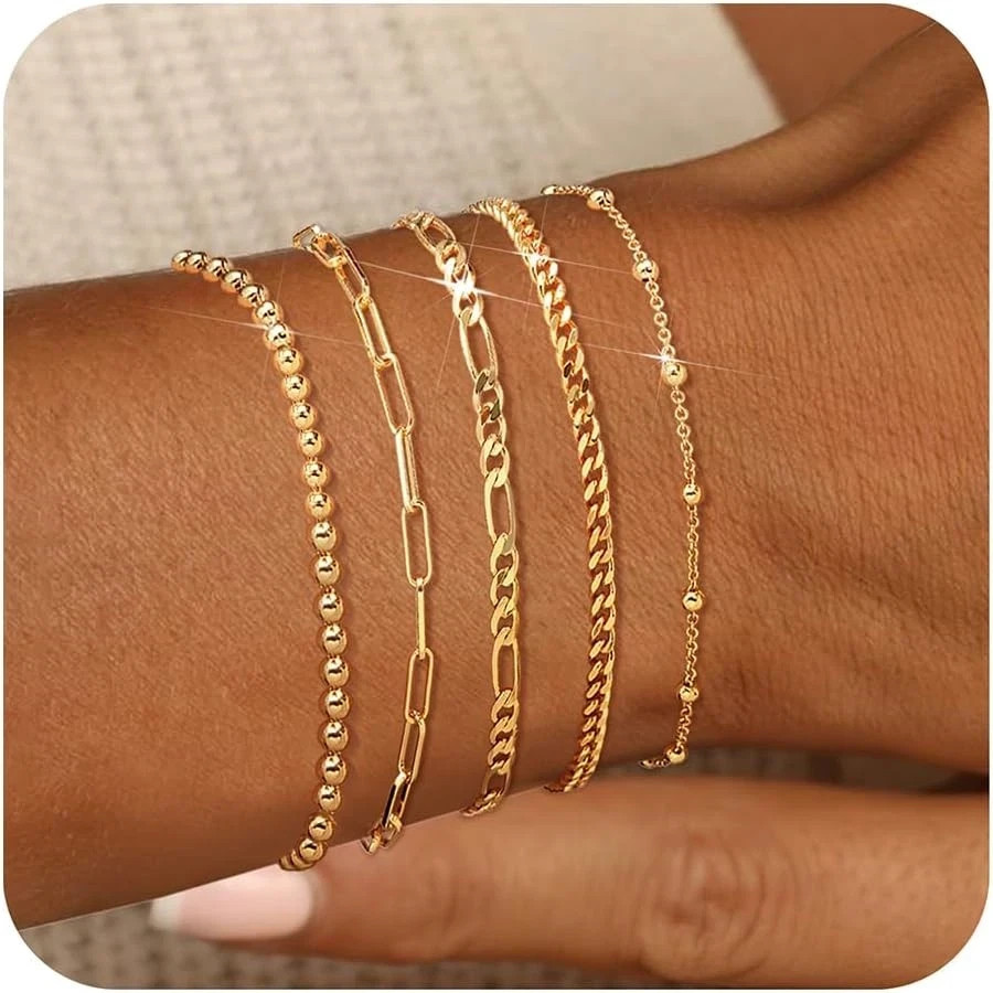 Adoyi Set of 5 Gold Bracelets for Women, 14K Plated 6.8 IN General Wrist
