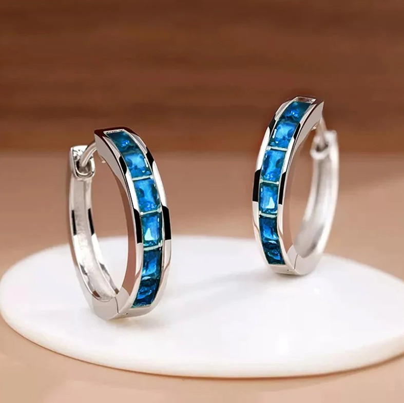 1Pair Princess CZ Hoop Earrings Elegant Women Geometric Jewelry – NEW