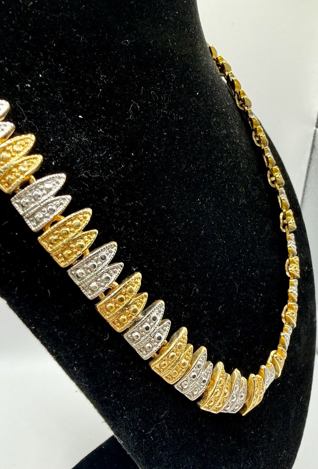 Vintage Two Tone Gold & Silver Tone Link Necklace Geometric Textured Statement