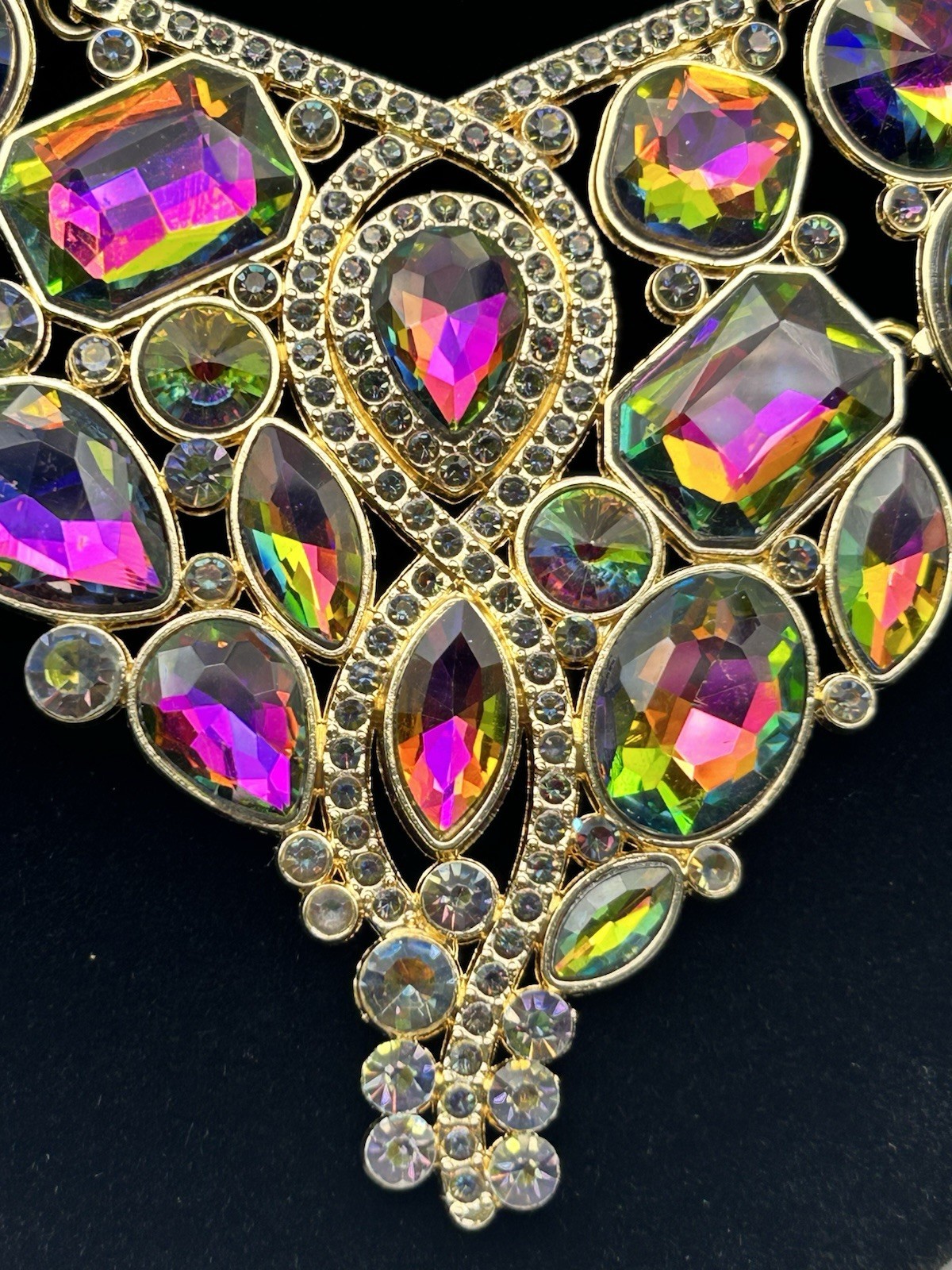 Modern Asymmetrical Bib Necklace Peacock Rainbow Rhinestone Flash Statement Pink