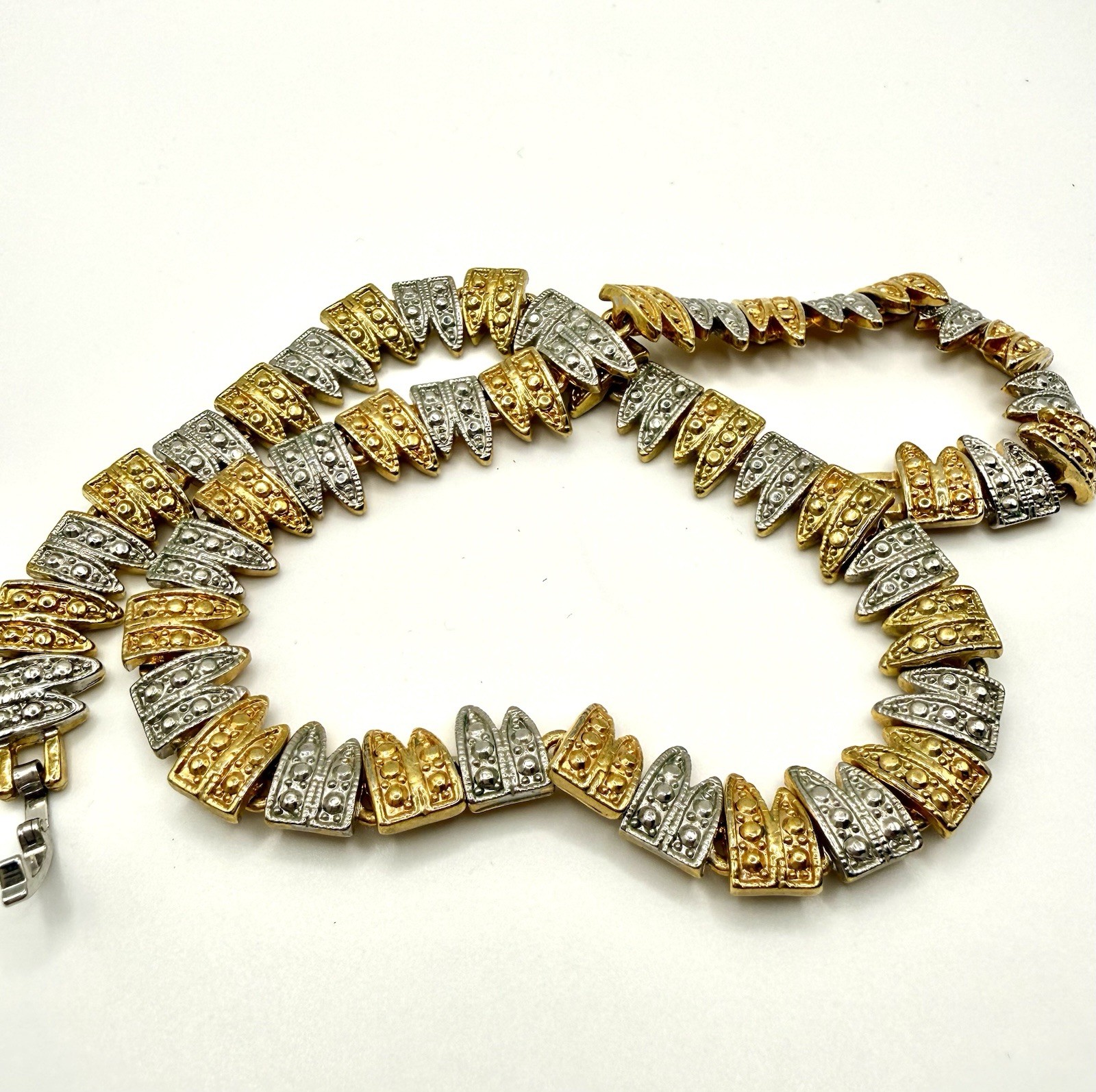 Vintage Two Tone Gold & Silver Tone Link Necklace Geometric Textured Statement