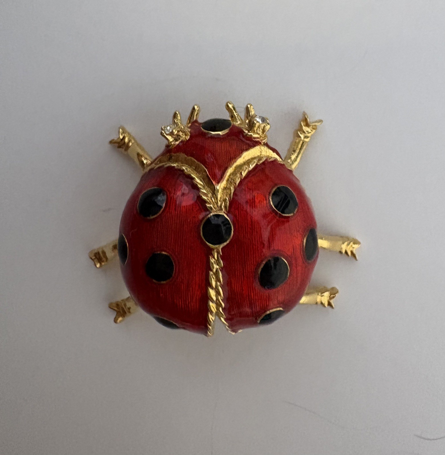 VTG Red Enamel Ladybug Brooch Pin Gold Tone Rhinestone Eye 3D Insect Bug Figural
