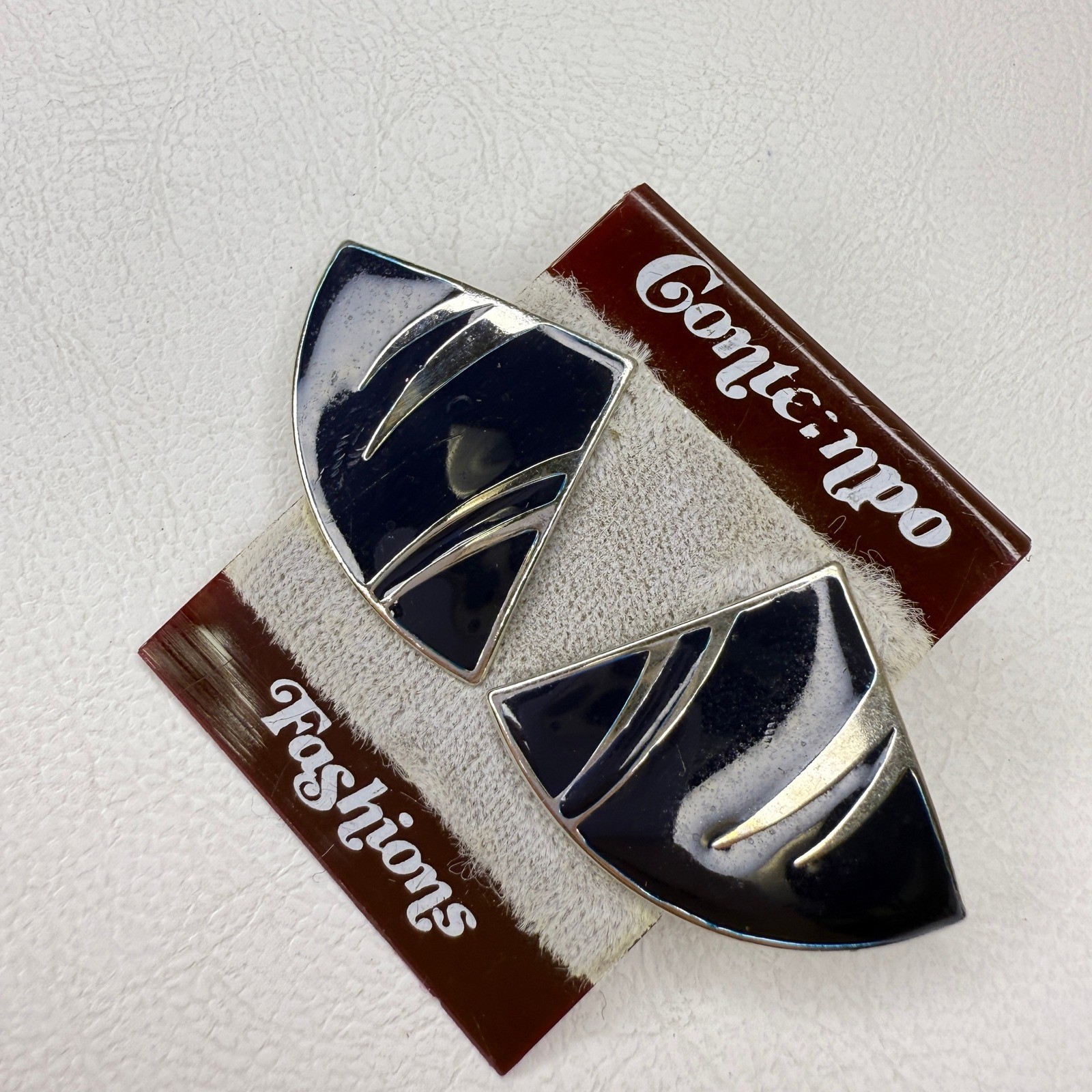 Contempo Fashions Vintage 80s Clip On Earrings Black Silver Tone Geometric
