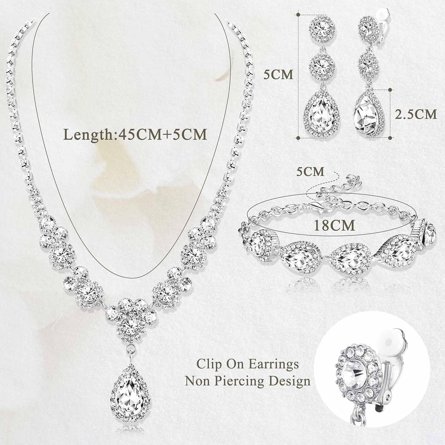 Rhinestone Bridal Jewelry Set Necklace Bracelet Clip On Earrings for Brides B…