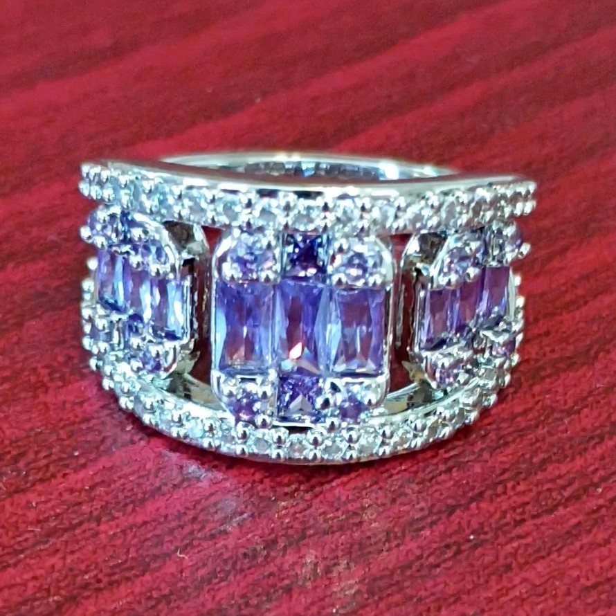 Silver Tone Multi-Row Purple Stone Band Ring with Clear Accent Stones